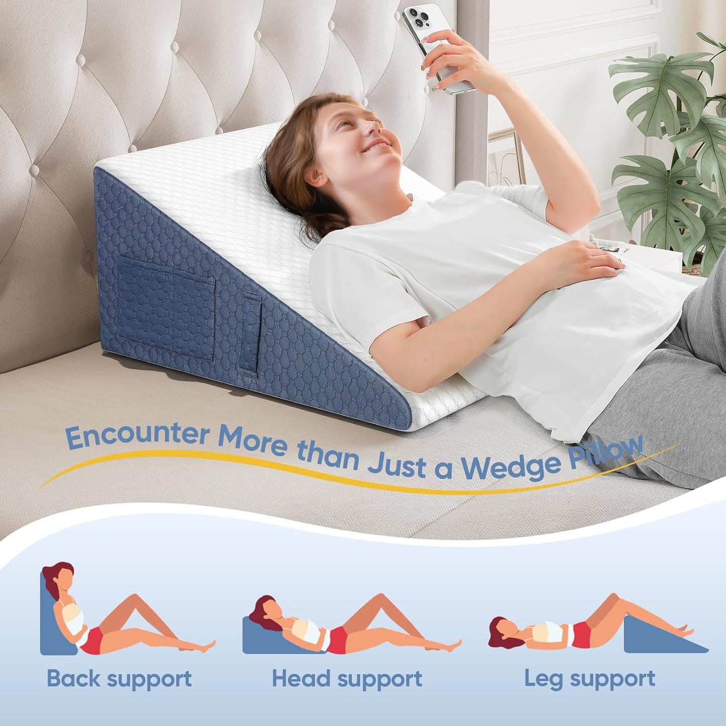 Wedge Pillow for Sleep, 10inch Bed Wedge Pillow for Headboard, Acid Reflux, Heartburn, GERD, Neck Pain, Cooling Memory Foam Top, Removable Washable Cover Triangle Pillow for Sleep