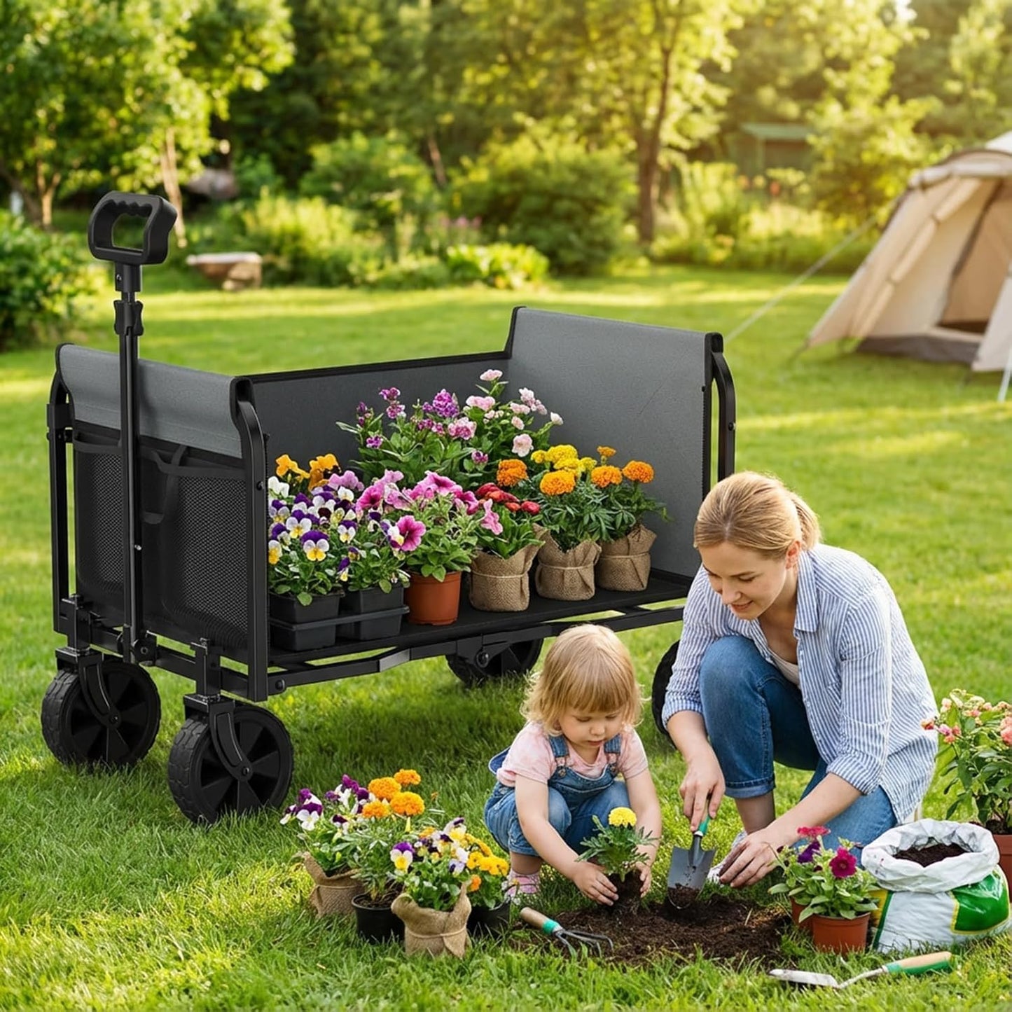 3-in-1 Portable Collapsible Wagon, Foldable Cart with Removable Side, Utility Groceries Wagon Cart for Dogs Pets Shopping Camping Beach Sports Gardeing Fishing, Black