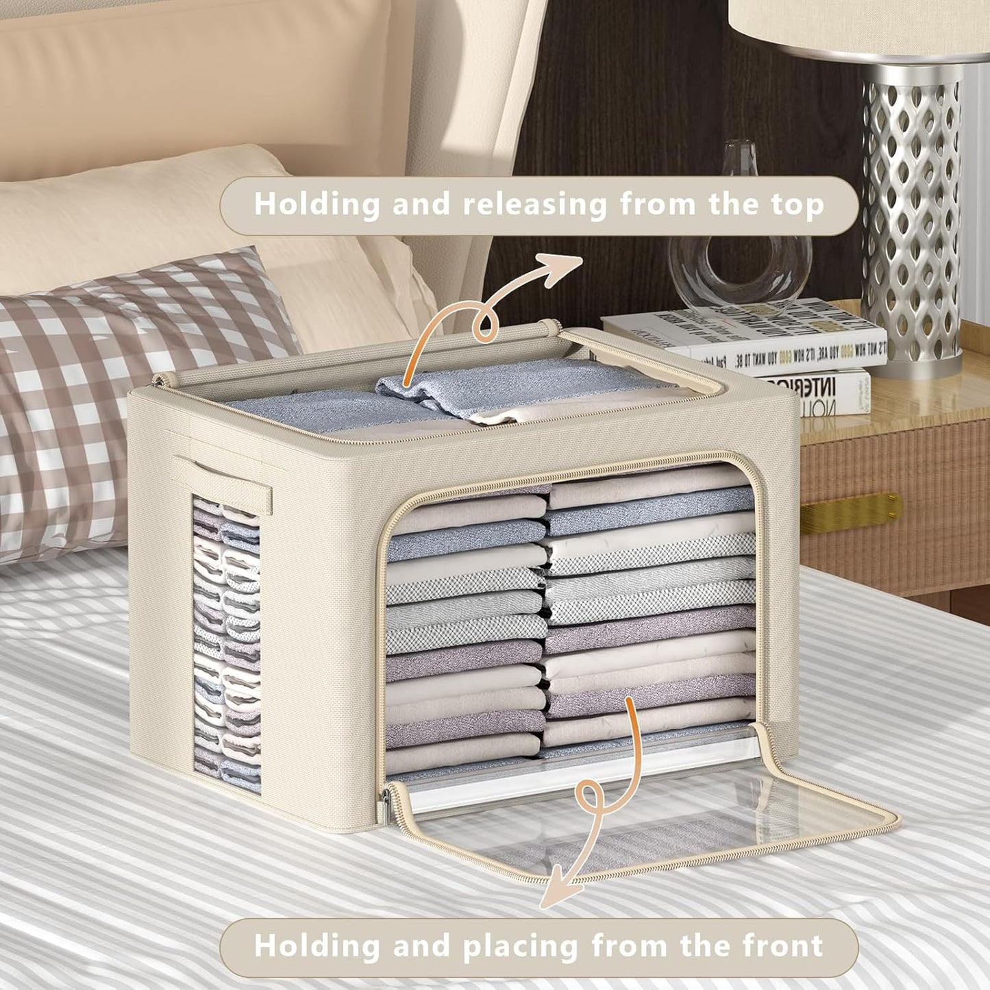 CYhom 4 Pack Clothes Storage Bins - Oxford Fabric Metal Frame Storage Box - Foldable Stackable Container Organizer Set with Clear Window & Carry Handles & Zippers (Beige, 23.6"x19.7"x15.7")