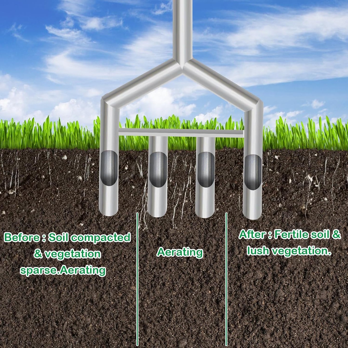 Manual Core Aerator Lawn Tool - Lawn Aeration Tool with 4 Hollow Tine,Handheld Lawn Care Coring Soil Aerator for Lawn,Yard,Golf Course,Agriculture,Garden,Farm Aerator