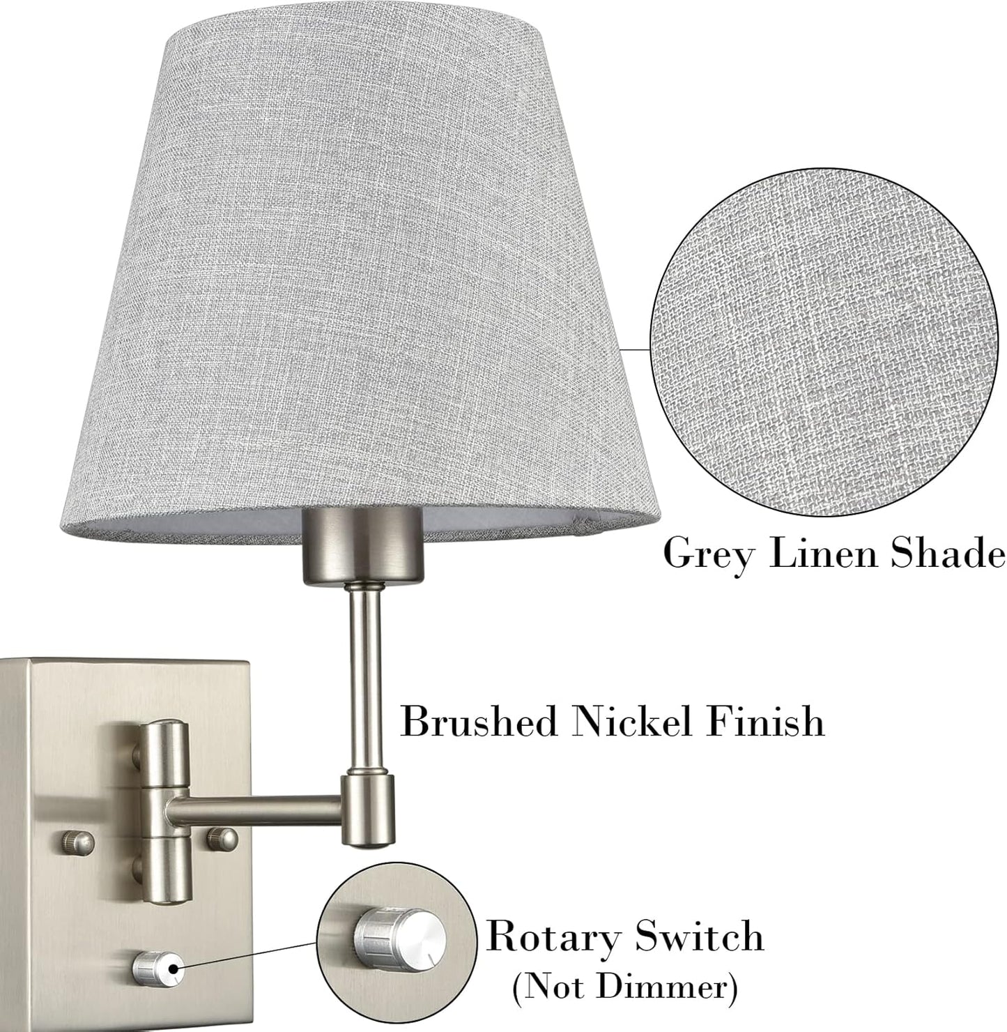 SAMTEEN Swing Arm Wall Sconces Set of Two Plug in Wall Lamp with Grey Fabric Shade and On Off Switch Wall Light for Bedside Living Room Hallway, Brushed Nickel Finish