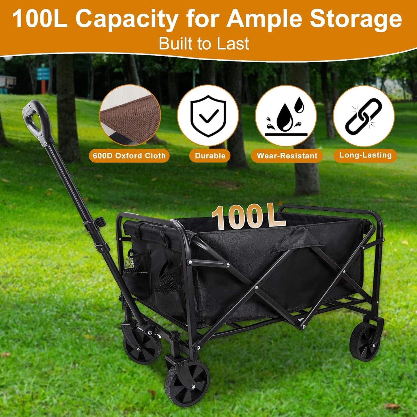 Heavy-Duty Collapsible Wagon Cart with Wheels, Lightweight Foldable Utility Cart with Adjustable Handle for Outdoor Use – Ideal for Grocery Shopping, Camping, Sports, Fishing, and More (Black)