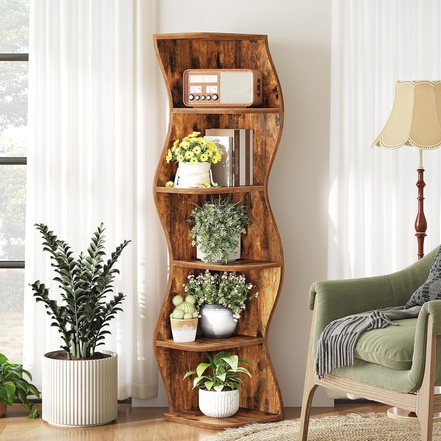 6-Tier Corner Bookshelf with LED Light — 59.3 in Tall, Wooden, Rustic Brown