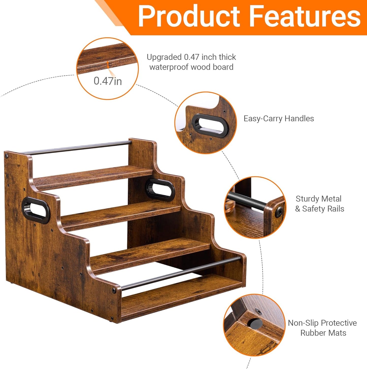 4-Tier Tiered Liquor Bottle Display Shelf - 16-Inch Rustic Wood Liquor Rack & Coffee Syrup Organizer - Heavy-Duty Countertop Spice Rack with Guardrails & Handles for Bar, Kitchen, Office