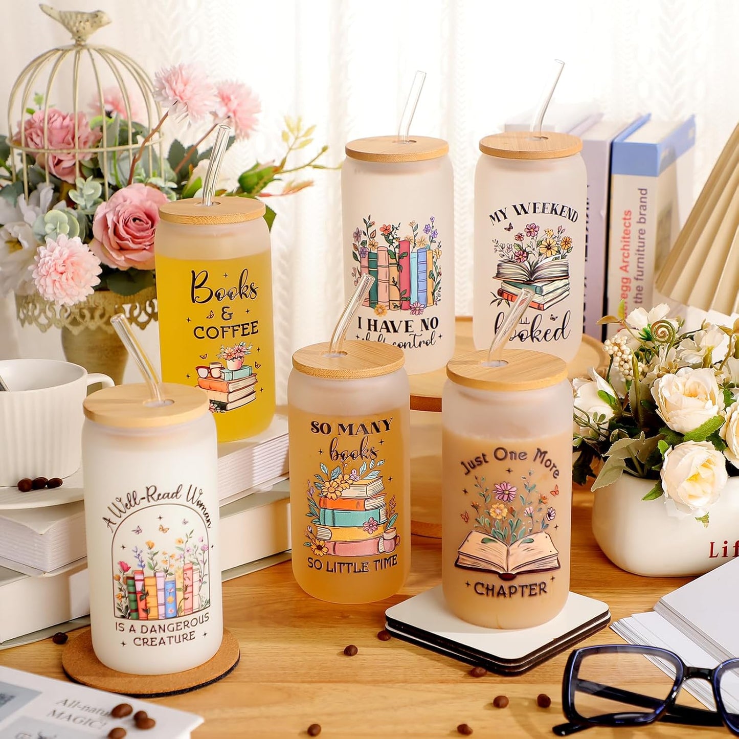 6 Pcs Christmas Book Bookish Lovers Gifts for Women Readers 16 oz Glass Cups with Lids Straws Book Club Librarian Appreciation Christmas Birthday Gifts (White)
