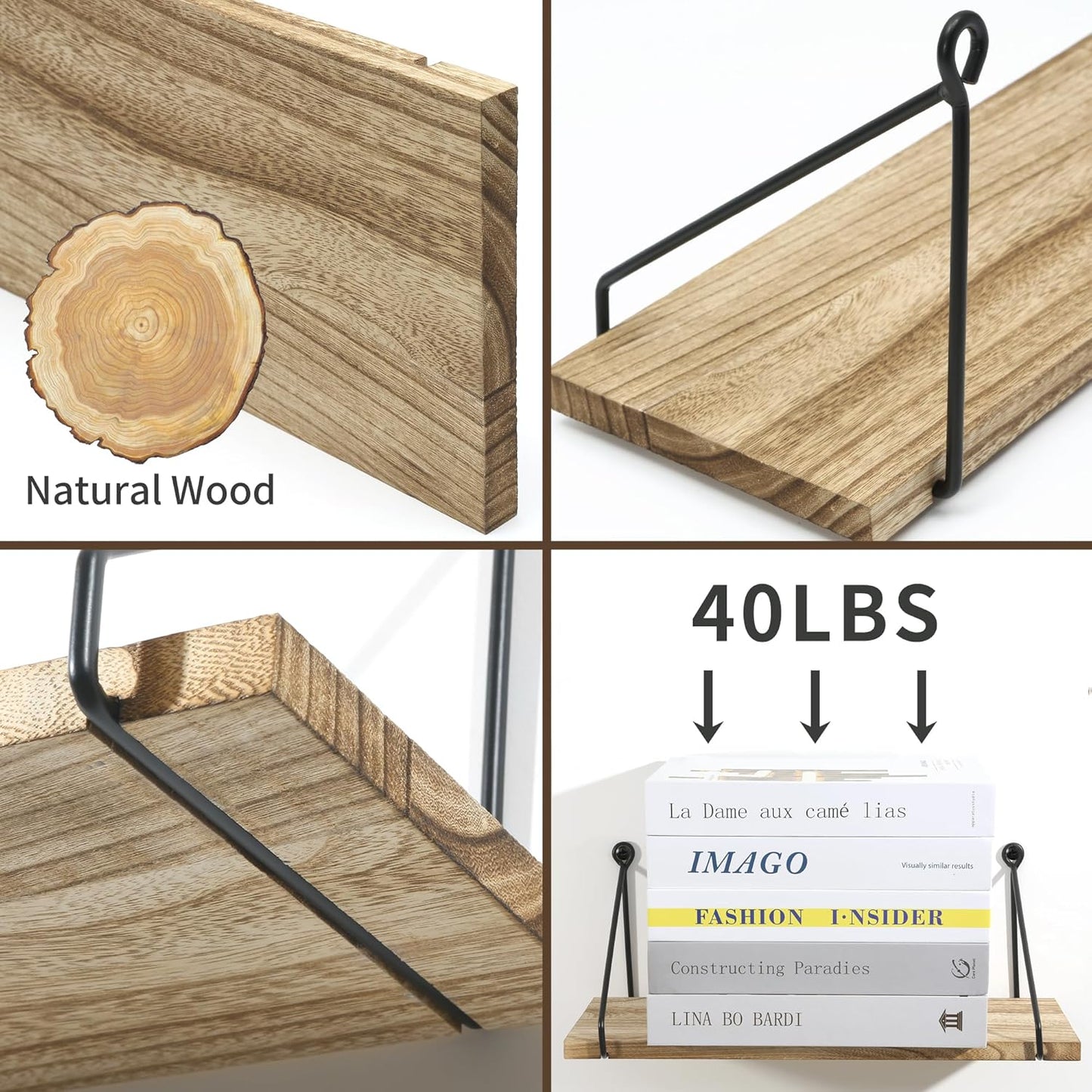Sapowerntus Floating Shelves Wall Mounted Shelf Rustic Light Wood Bathroom Bedroom Kitchen Hanging Storage Organizer with Triangle Metal Brackets Farmhouse Living Room Office Home Decor Set of 2