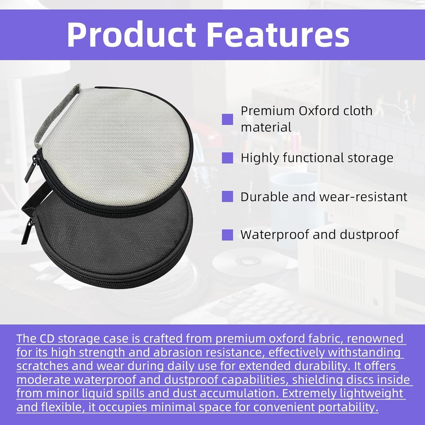 4Pac CD Case DVD Storage with Microfiber Cleaning Cloth, 20 Capacity Portable CD Storage Wallet Holder Round Binder Oxford Disc Cases Organizer for Car Home