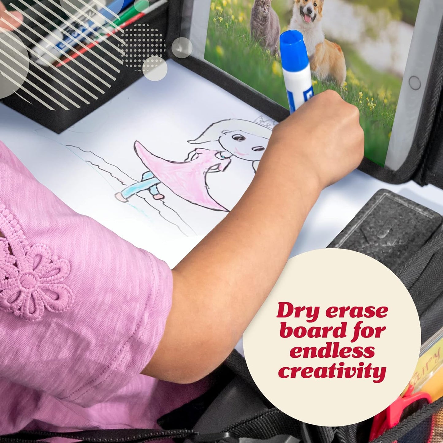 Lusso Gear Car Seat Tray - Dry-Erase Lap Desk for Kids Travel Activities - Snack & Cup Holder for Car Back Seat Organizer - Tablet Stand for Toddler Travel Essentials - Black