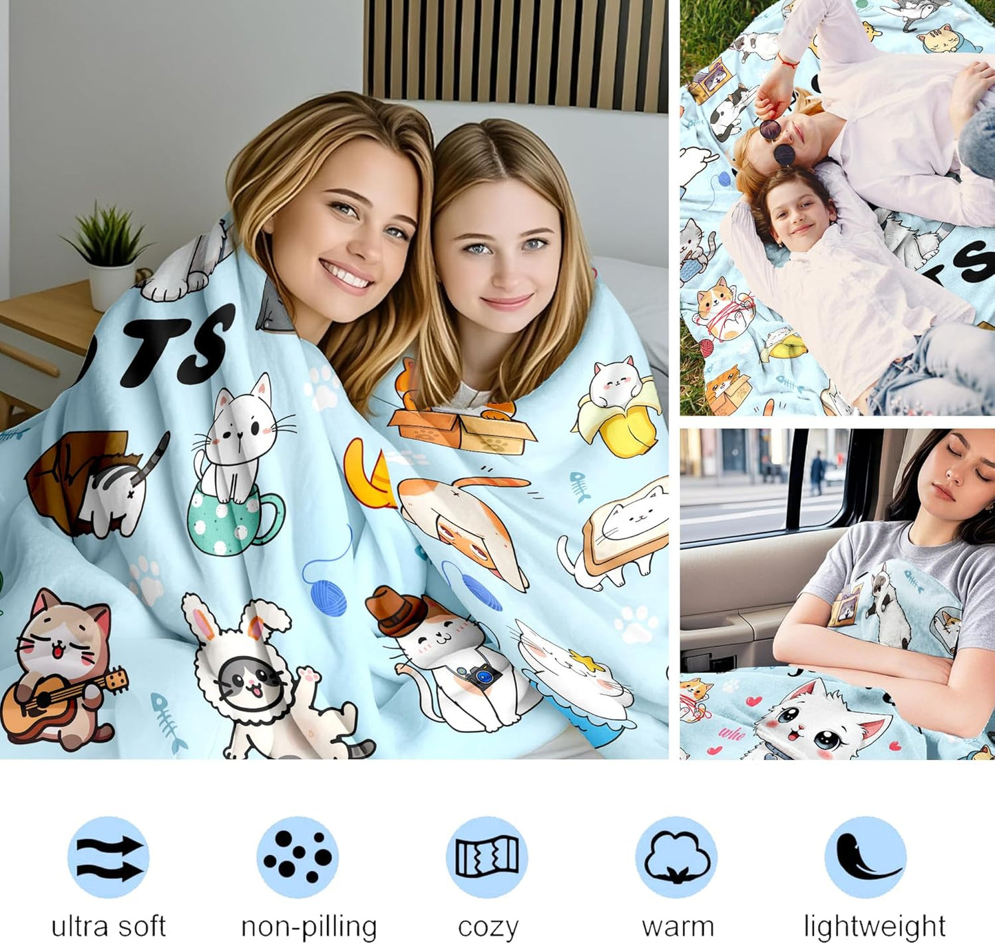 Cat Blanket Gifts for Cat Lovers Soft Flannel Cats Throw Blanket Bedding Decor for Kids Girls Women Adults 50"x40"