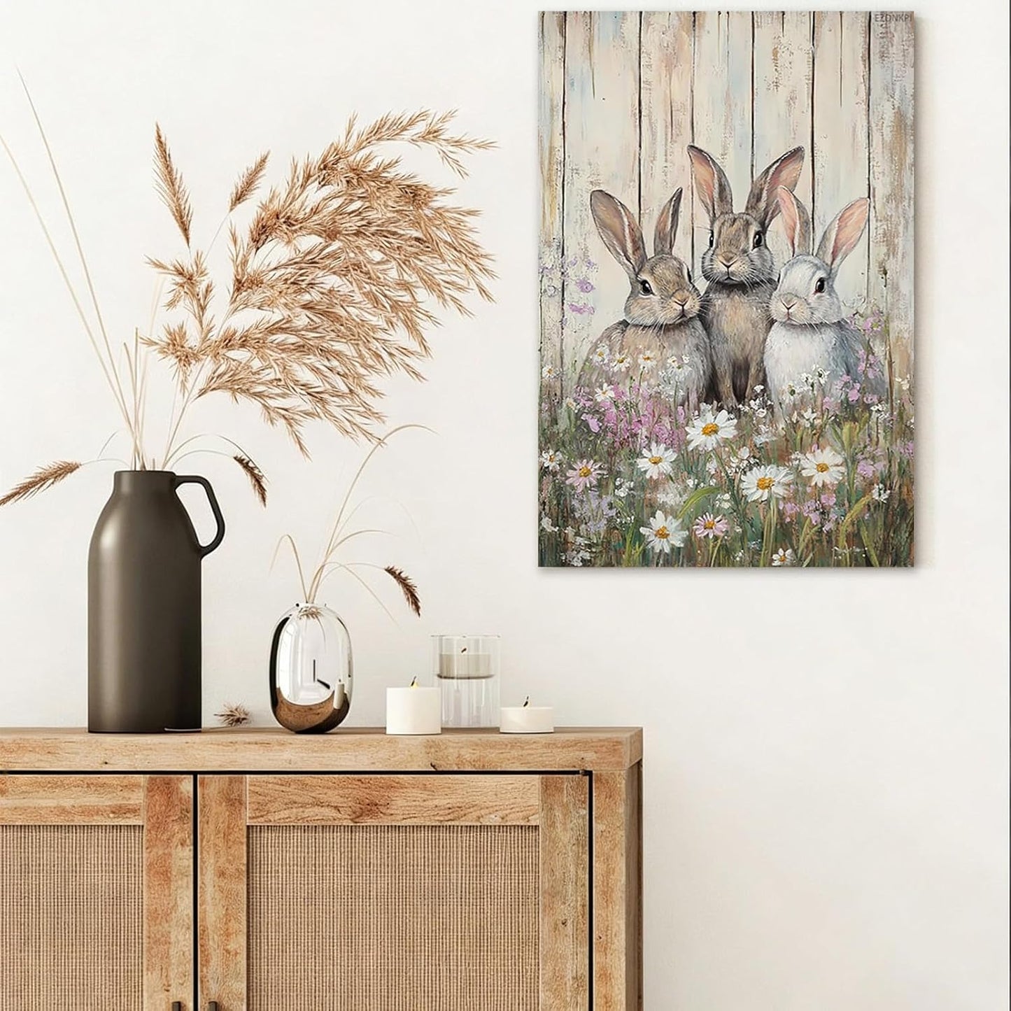 Easter Bunny Print Wall Art Three Cute Rabbits Standing in the Flower Bushes Canvas Painting Posters Room Aesthetic Decoration Spring Farmhouse Living Room Wall Decor 8x12inch Framed