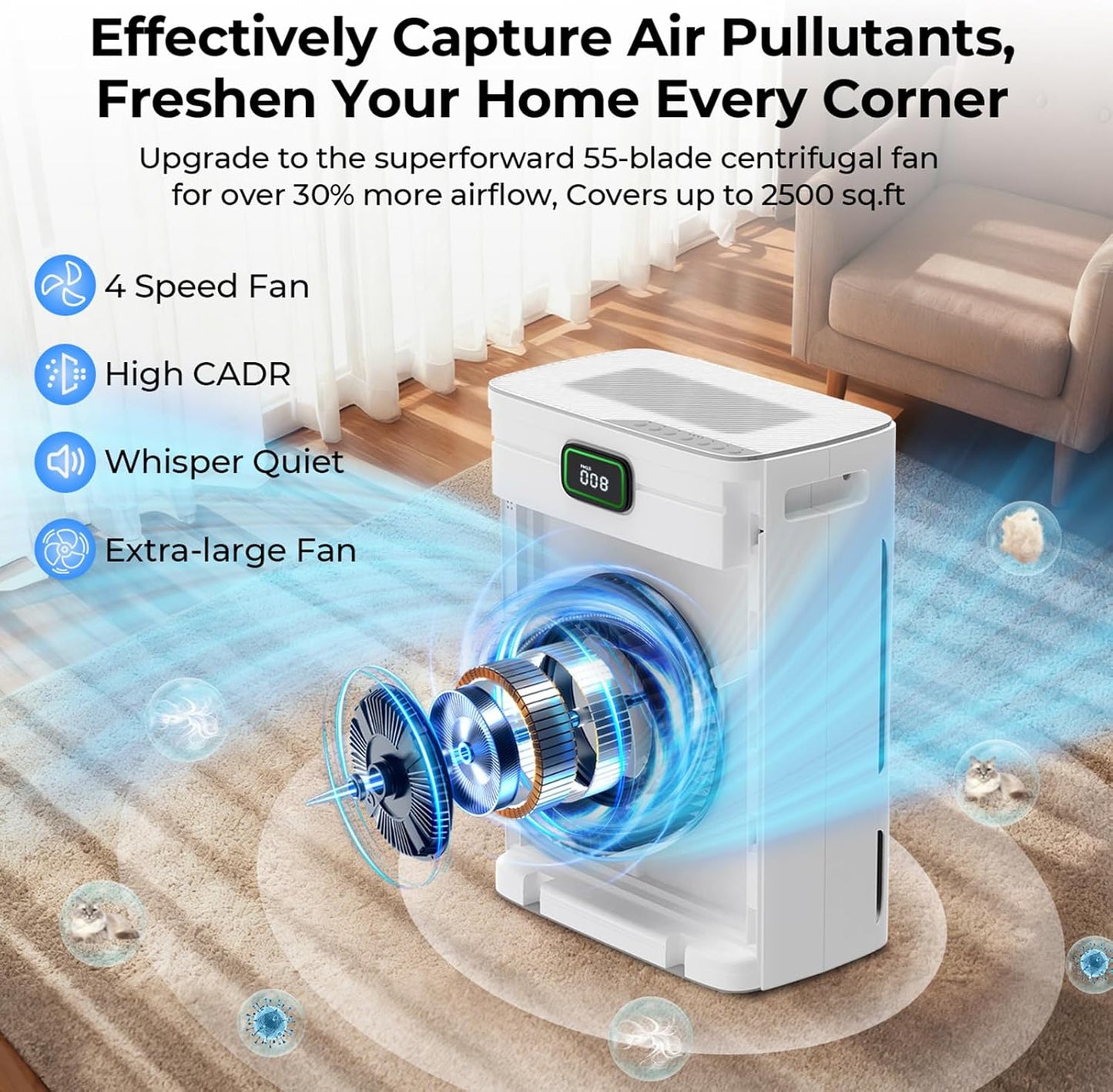 VENTISOL Pet Air Purifiers for Home Large Room up to 2500sq.ft, Air Purifier for Bedroom Double-Sided with 4 Washable H13 Filters, Air Cleaner for Pets Hair Allergies with PM2.5 Air Quality Monitor