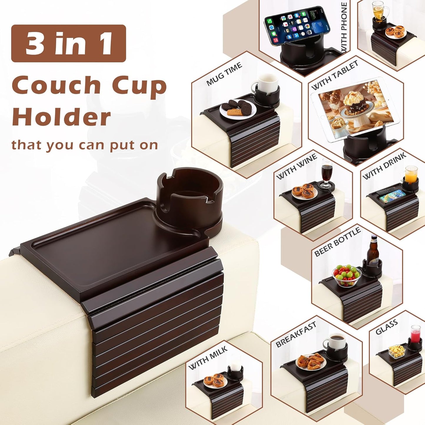 Couch Cup Holder Tray, 3 in 1 Large Couch Arm Trays,Bamboo Chair Clip on Tray with 360° Ratated Phone Cup Holder for Couch,Snacks,Remote,Phone-Black Walnut