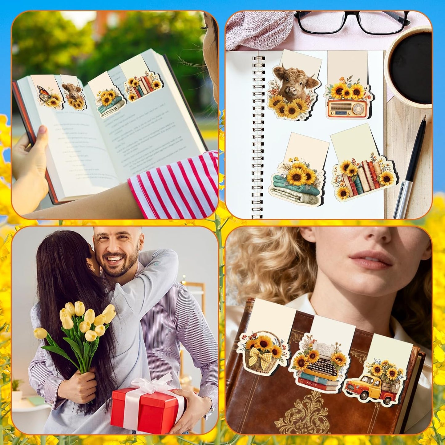 Vintage Sunflower Magnetic Bookmarks Gifts - 16 Pcs Wxiben Flower Highland Cow Magnet Book Page Markers Floral Bookmark Clips Gift for Book Lovers Students Teacher School Reading Office Supplies