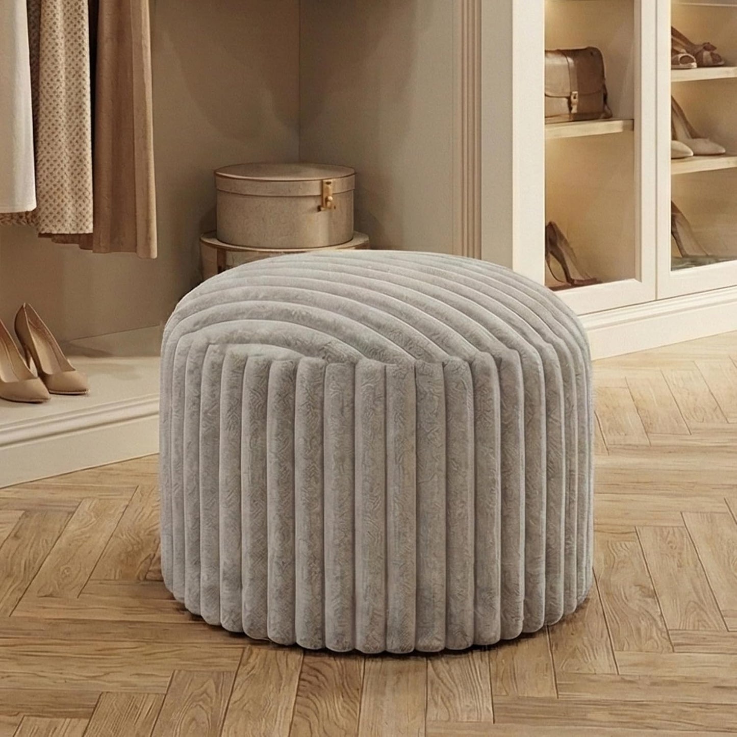 Round Stuffed Pouf Ottoman, Stripe Faux Fur Footrest with Dual Layer Comfort, Removable Washable Cover, 20" Plush Floor Pouf for Living Room Bedroom Dorm Vanity Chair Under Desk, Gray