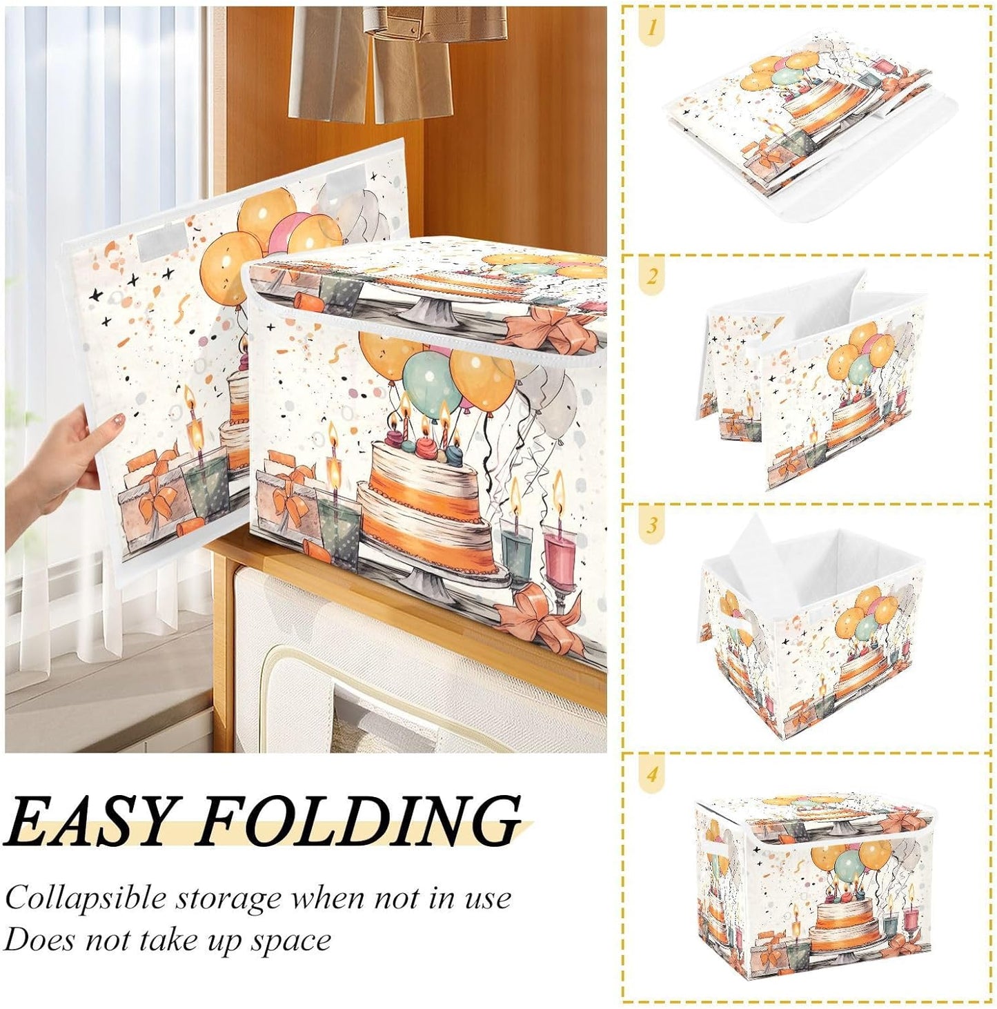 xigua Happy Birthday Pattern Storage Bins with Lids and Carrying Handle,Foldable Storage Boxes Organizer Containers Baskets Cube with Cover for Home Bedroom Closet Office