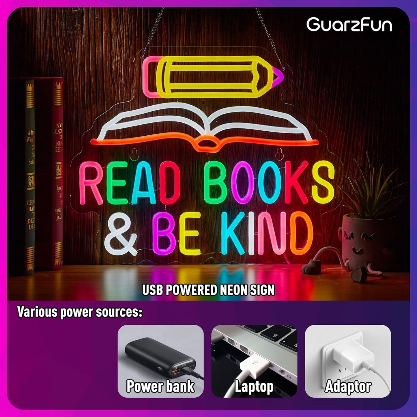 Read Books and Be Kind Neon Sign Pencil Book Neon Light Student LED Neon Light Colorful Neon Light Up Signs for Classroom Bookstore Library Museum Study Room