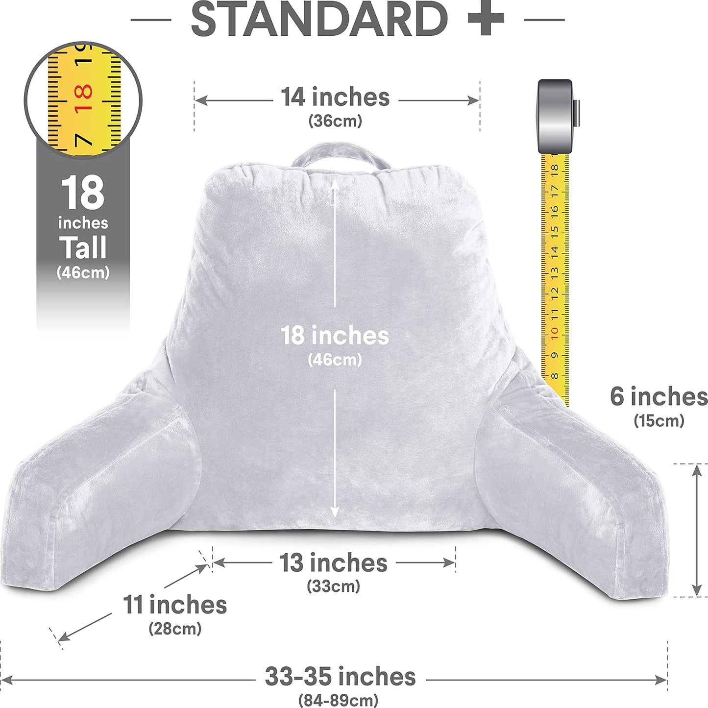 Husband Pillow Light Grey, Original Reading Pillow in Bed Rest Chair, Shredded Memory Foam Large Lounge Cushion Adult Backrest with Arms, Comfy Back Support for Sit Sitting Up, Wash/Removable Cover