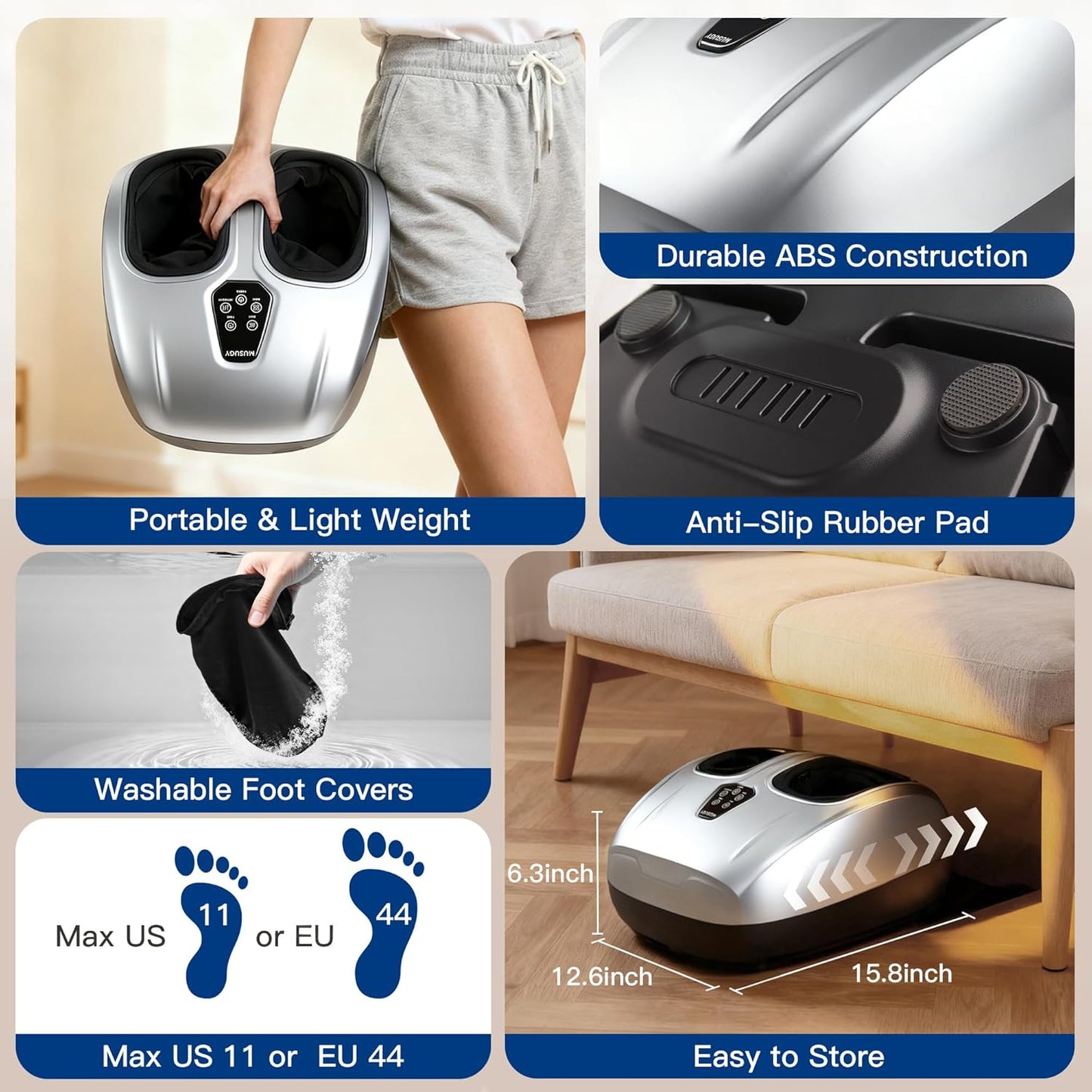 Shiatsu Foot Massager with Heat : 2026 Upgraded Deep Kneading Foot Massager Machine with Vibration & Compression for Plantar Fasciitis & Neuropathy - Relax for Office Home Use, Silver