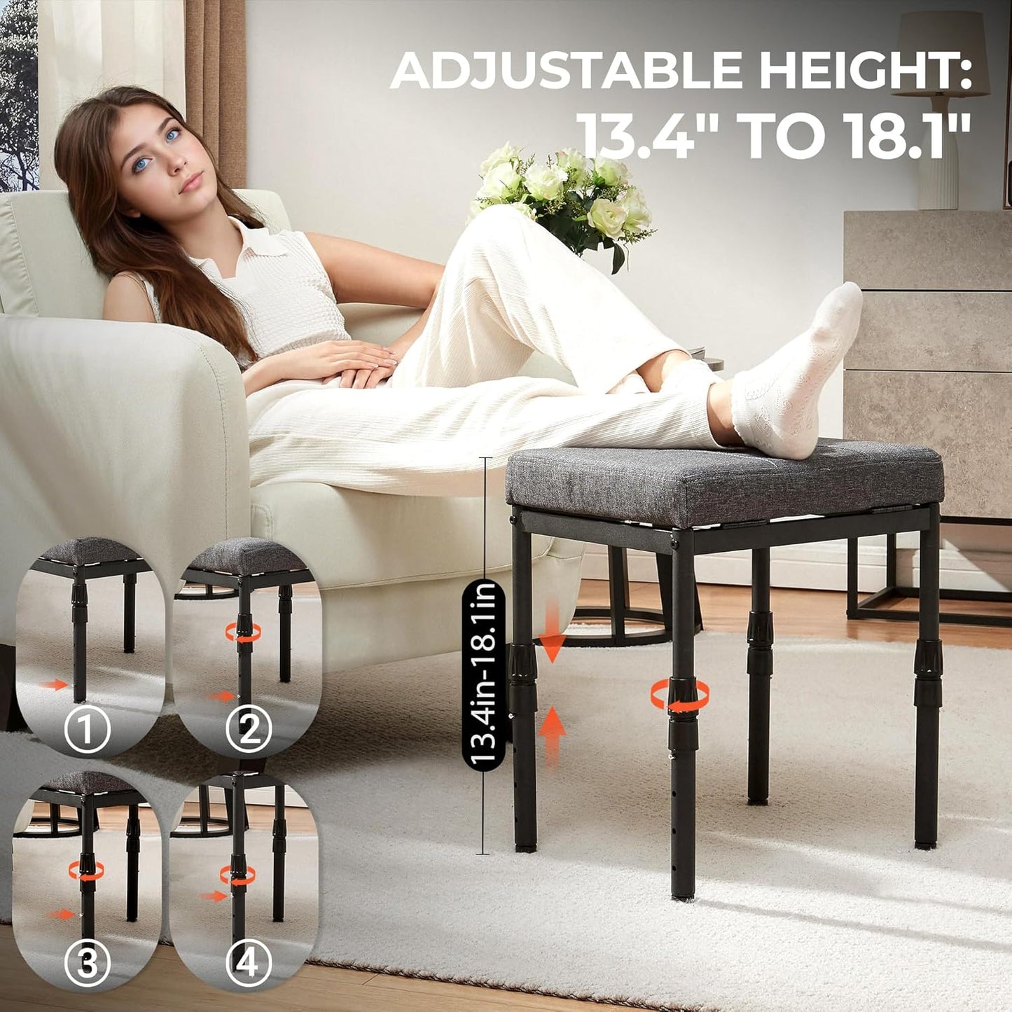 Adjustable Ottoman Pouf, 4 Height Position & 60 Degree Tilt Angle Adjustment Footrest Ottomans Footrest Foot Stools Pouffe Footstool for Under Desk for Living Room Home(Carbon Gray)