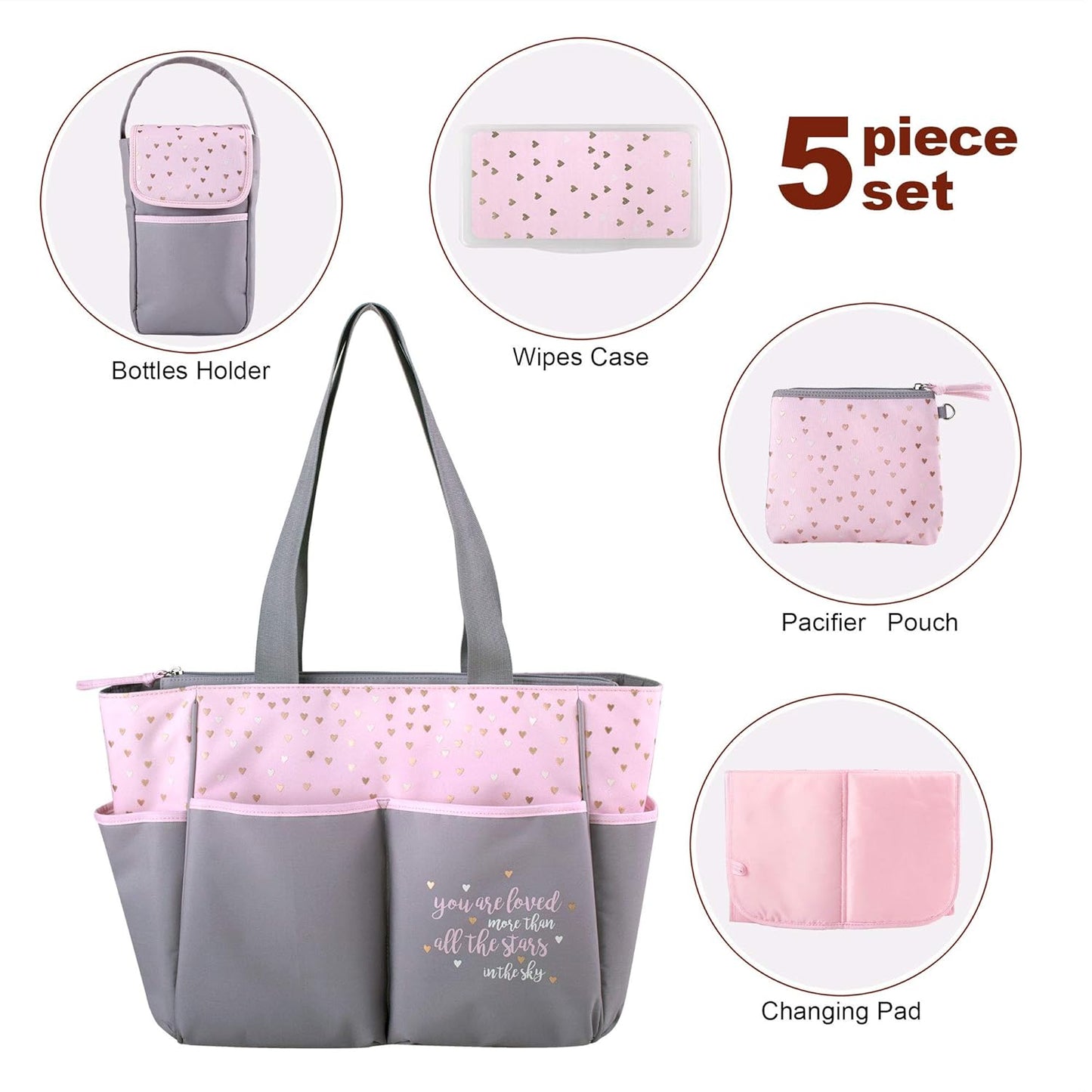 Baby Essentials Diaper Bag Tote 5 Piece Set with Sun, Moon, and Stars, Wipes Pocket, Dirty Diaper Pouch, Changing Pad (Grey/Pink)
