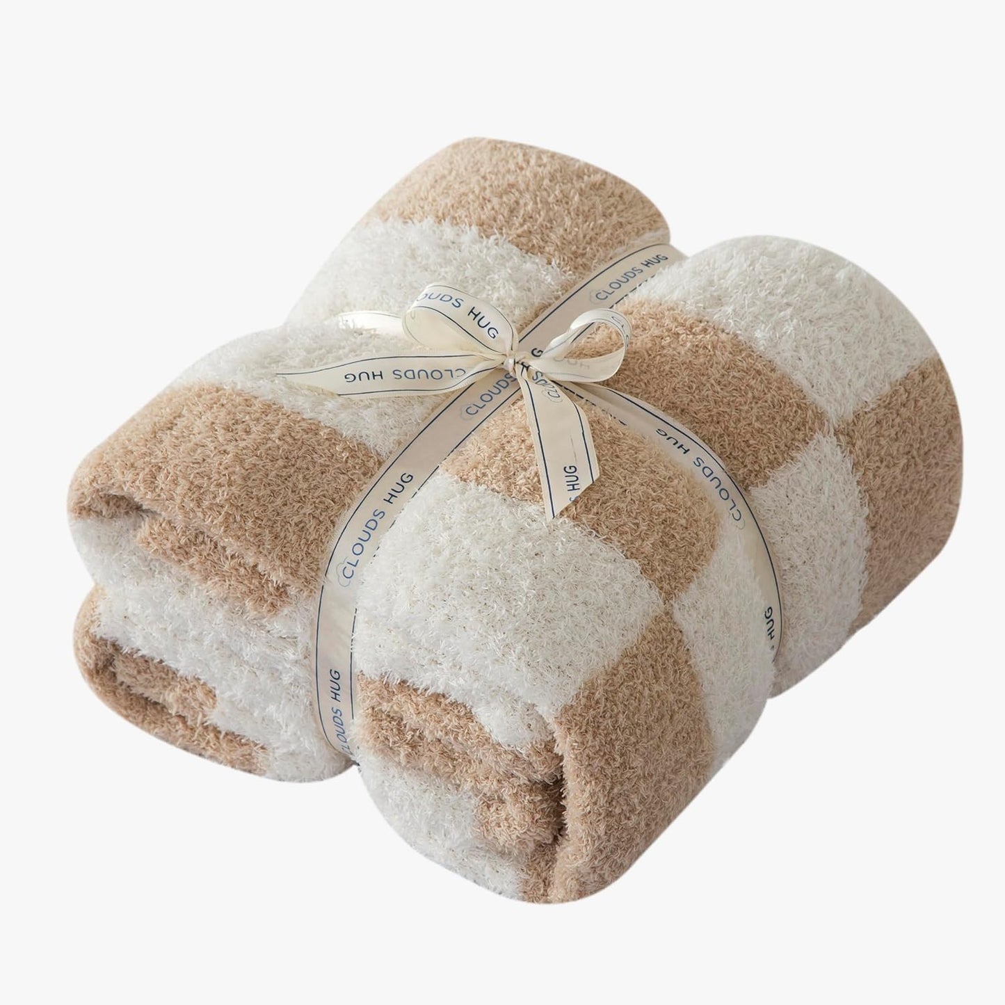 Checkered Fall Throw Blanket for Couch - Super Soft Knit Bed Blanket， Fluffy Fuzzy Plush Lightweight Cozy Blankets for Sofa ，Light Brown，50" x 60"