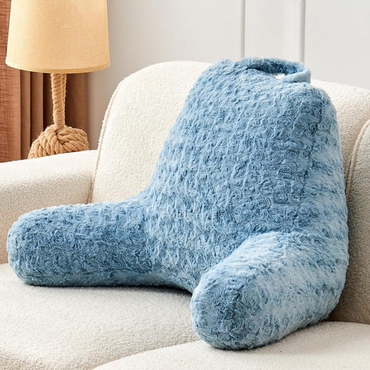 Reading Pillow,Rose Velvet Back Pillow with Arms for Bed Sitting Up, Bed Pillow for Adult Children, Backrest Pillows with Washable Cover, Chair Pillow for Watching TV/Gaming/Relaxing (Lake Blue)