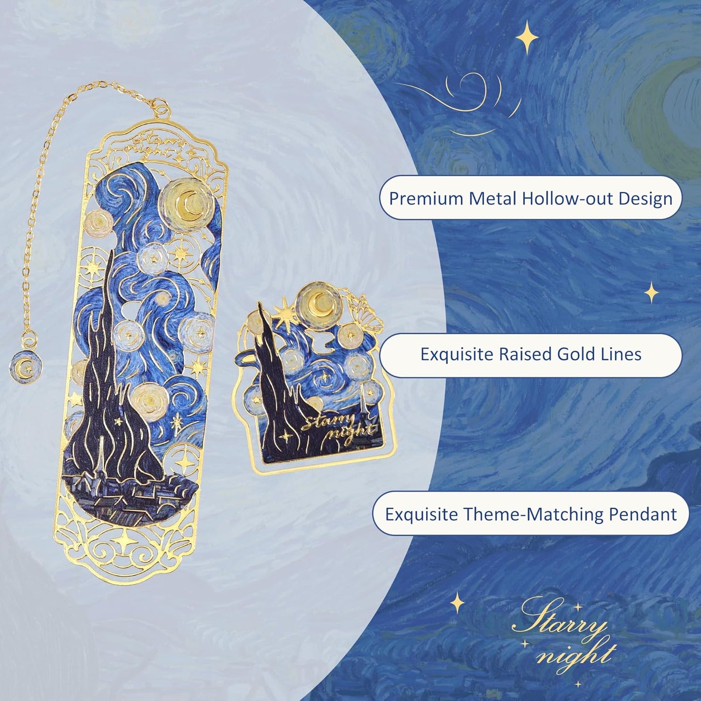 Luxury Metal Bookmark & Book Clip Gift Set, Oil Painting Themed Starry Night, 1 Bookmark with Pendant + 1 Book Clip, Elegant Christmas New Year Gift Box for Women Book Lovers Writers Readers Teens