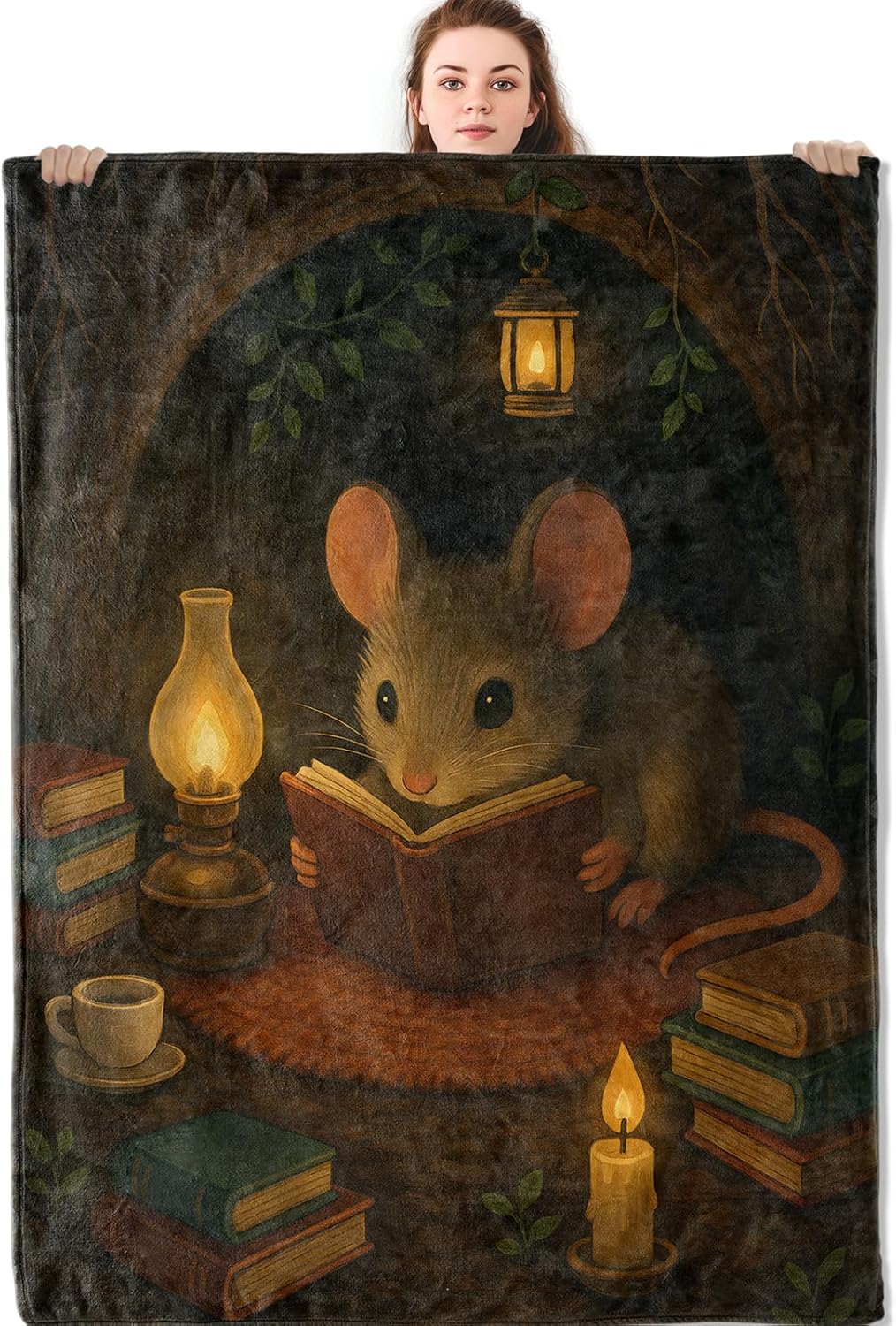 Reading Mouse Blanket, Retro Rat Flannel Throw Blankets, 50"x60", Soft Warm Lightweight Fuzzy Cozy Throws for Couch Bed Sofa Living Room Travel Camping Decorative Gifts for Book Lover Kids