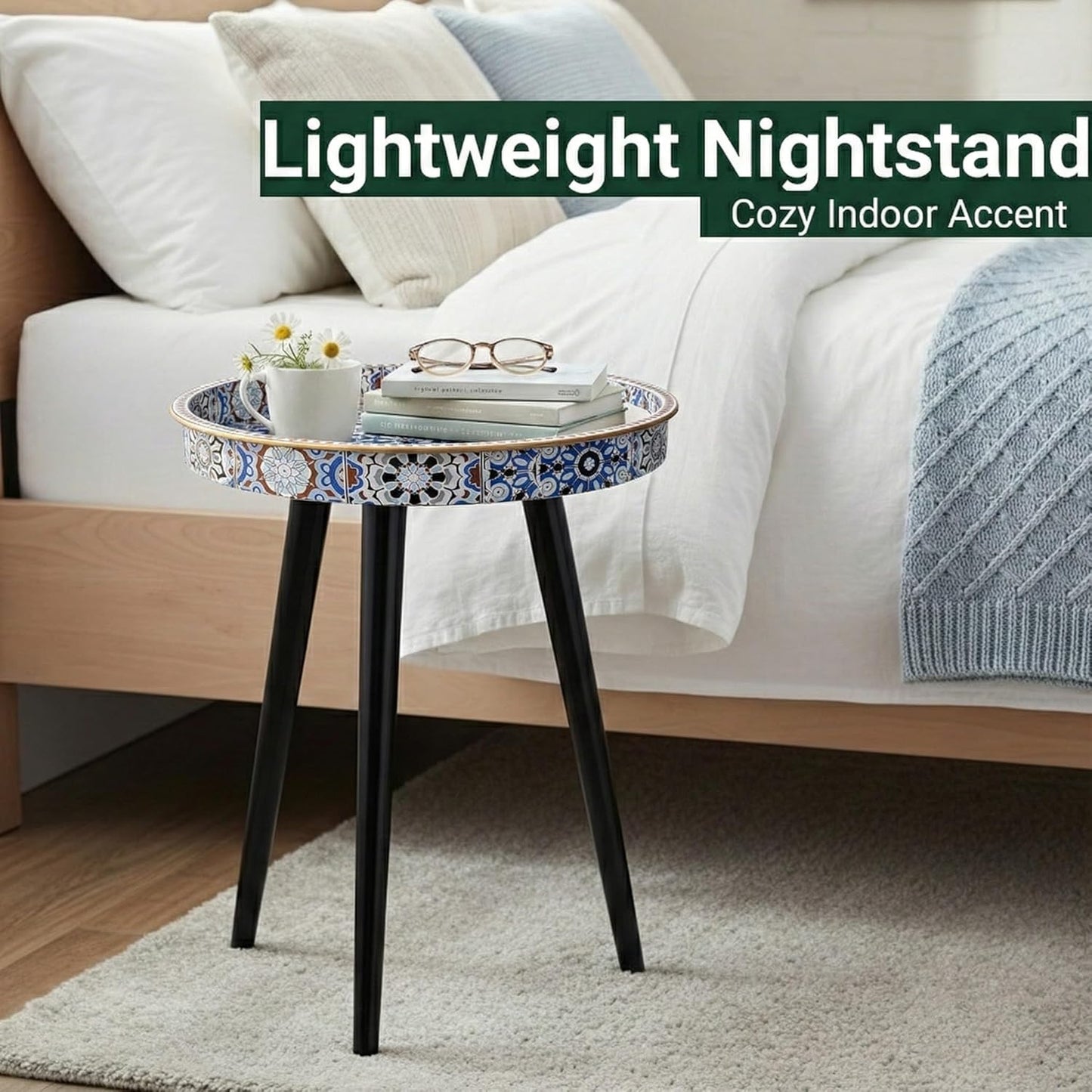Zosenley Small Round Side Table - 13" Blue Boho Geometric End Table with Vintage Pattern Tray - Unique Artistic Accent Nightstand with Moisture-Resistant Wrapped Legs for Living Room Bedroom