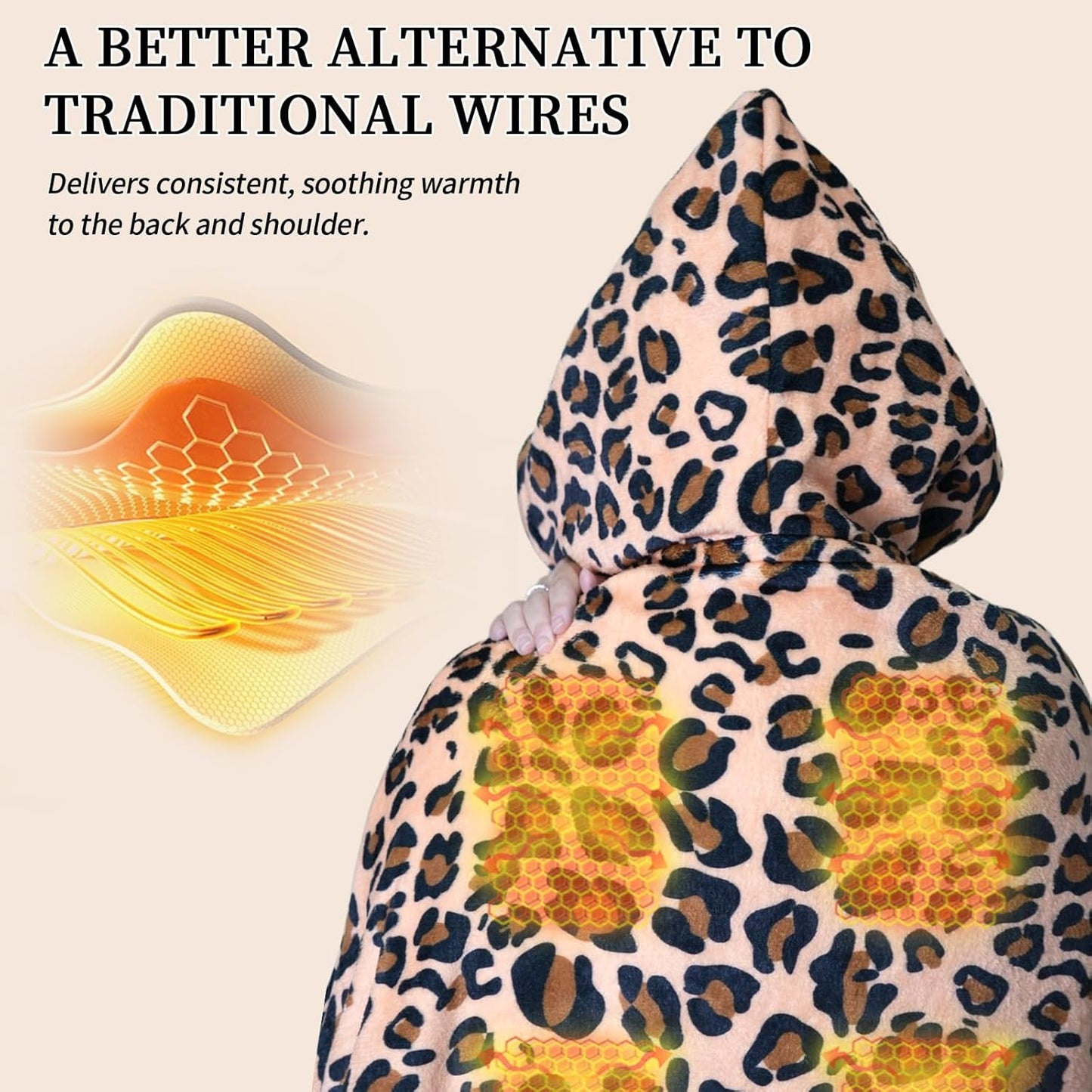 USB Heated Blanket Type-C Heated Hoodie Throw Blanket Electric Shawl Leopard Print 1 Heating Level Wearable Soft Heating Shawl for Neck & Shoulder, Winter Gifts for Women Travel,Camping,Bed