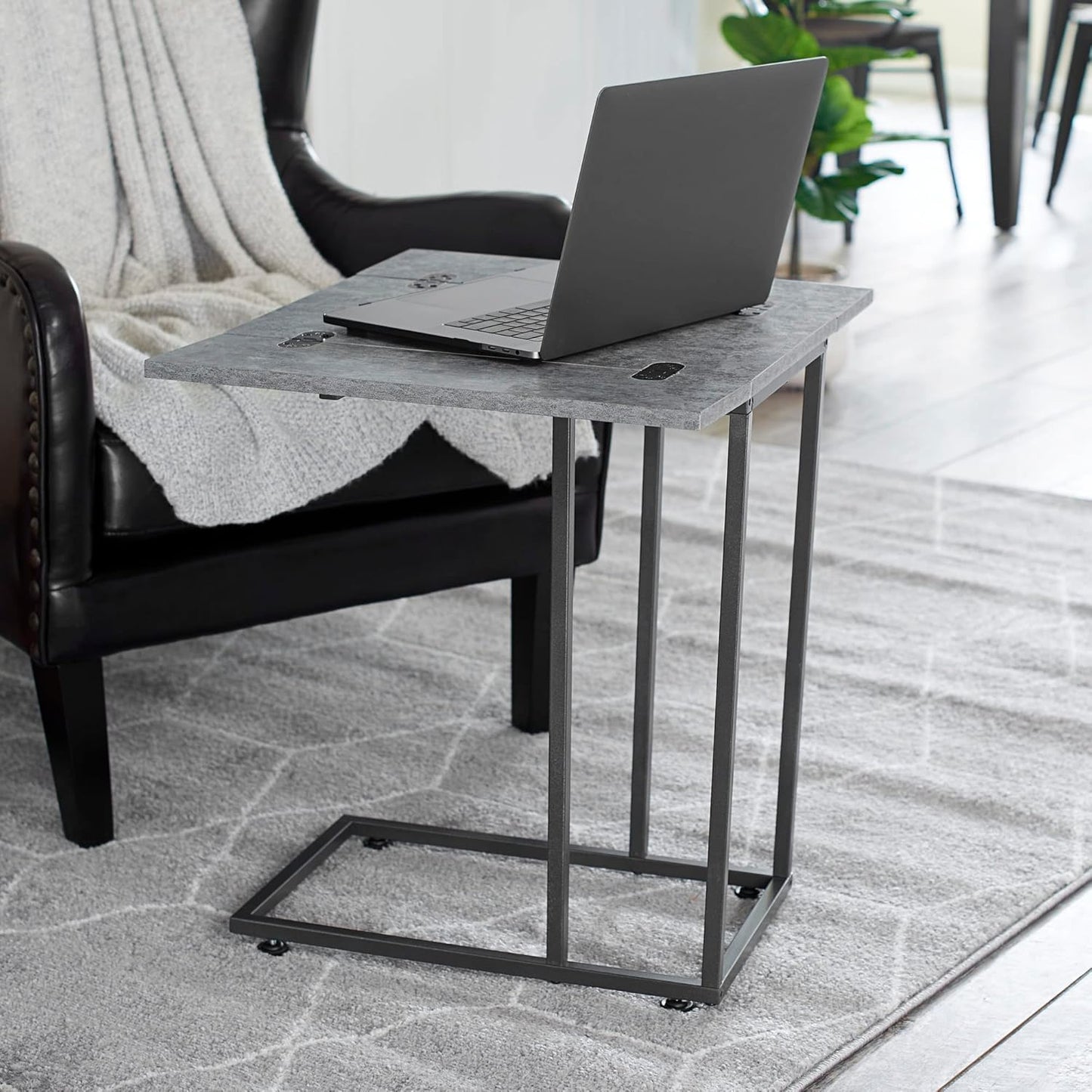 Household Essentials Jamestown Extendable C-Shaped for Accessiblity Side End Table Rustic Slate Concrete and Black Metal