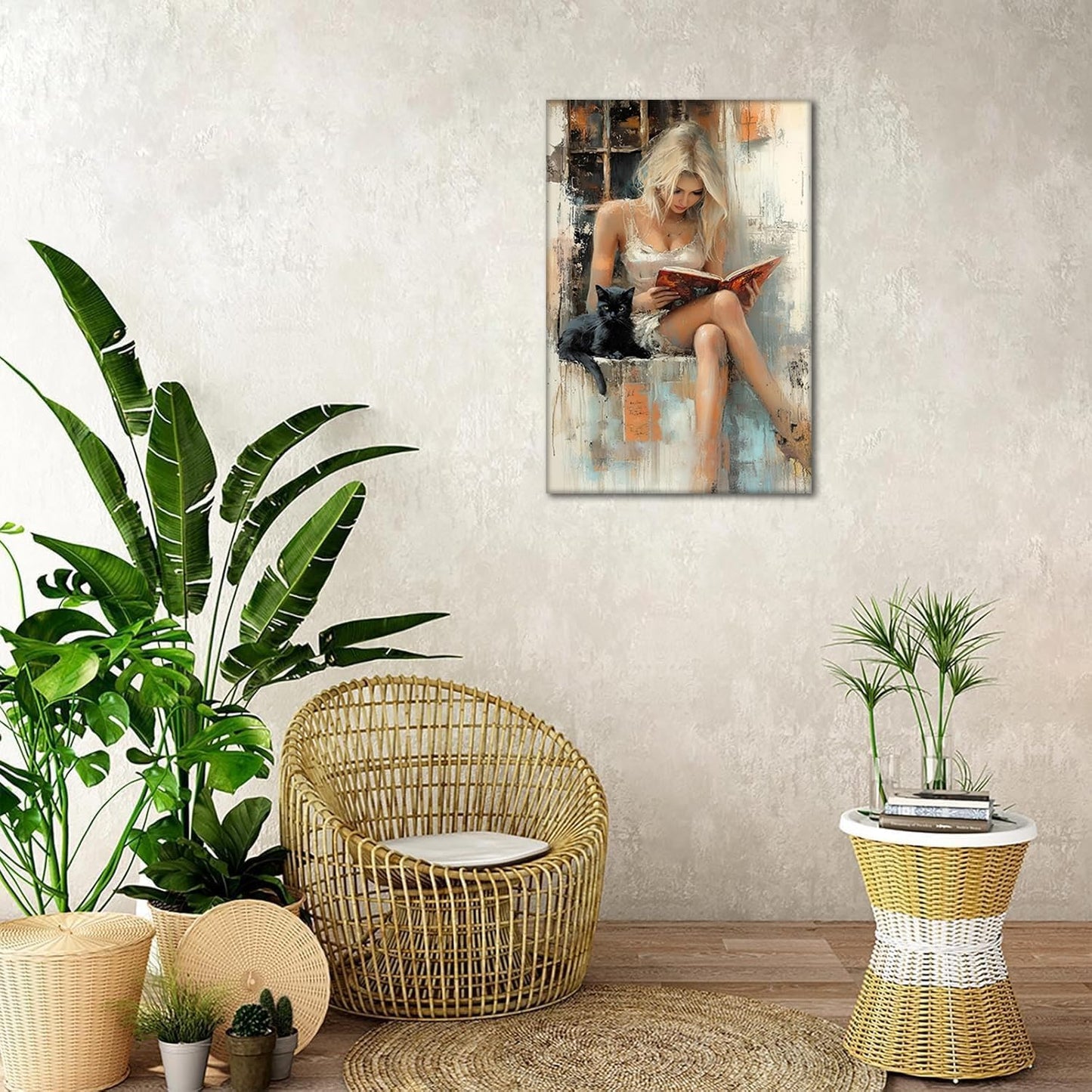 Woman Reading Book Canvas Wall Art Academia Aesthetic Painting Wall Decor Pictures Modern Girl Painting with Black Cat posters Prints for Home Living Room Bedroom Office Decor Ready-to-Hang(16inx12In)