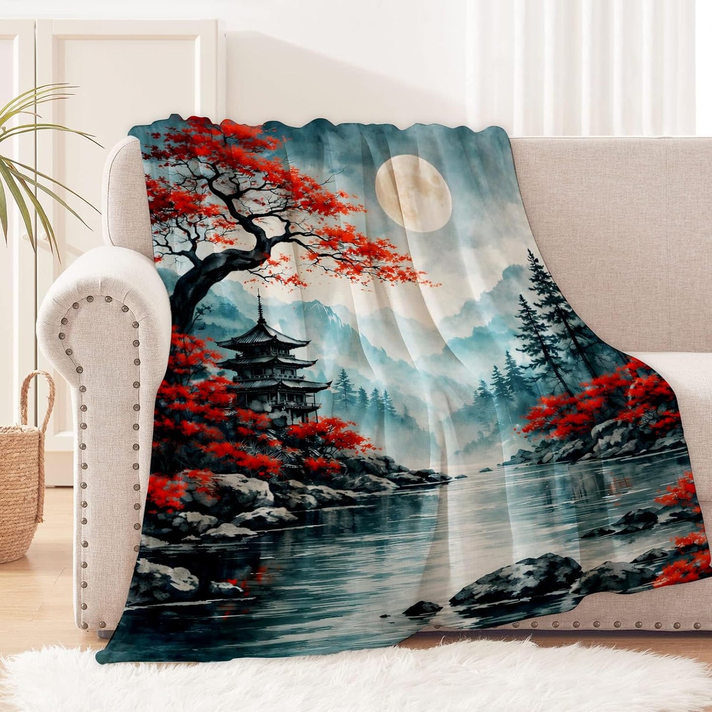 Asian Landscape Blanket for Nature Lovers, Oriental Pagoda Moon Flannel Blankets, Serene Mountain Scene Gifts, Soft Warm Cozy Throws for Sofa Couch Bed Living Room Bedroom Home Decor 60" x 50"