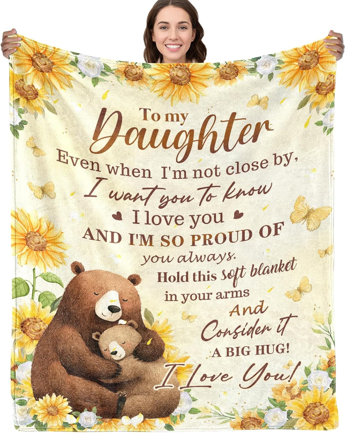 Daughter Gifts from Mom Dad, to My Daughter Blanket from Parents, Birthday Graduation Wedding Gifts for Daughters Sunflower Bear Soft Flannel Throw Blanket 50"x60"