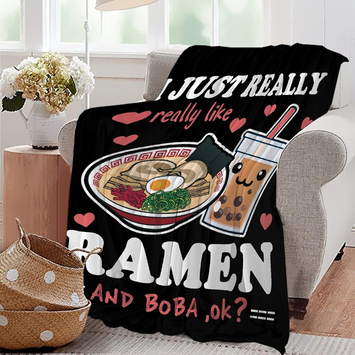 Ramen Blanket Anime Fleece Throws, Kawaii Gift for Girls Teen Loves Noodles Bubble Tea 60x80 Inches Super Soft Lightweight Flannel Blankets, Suitable for All-Season and Bed Sofa