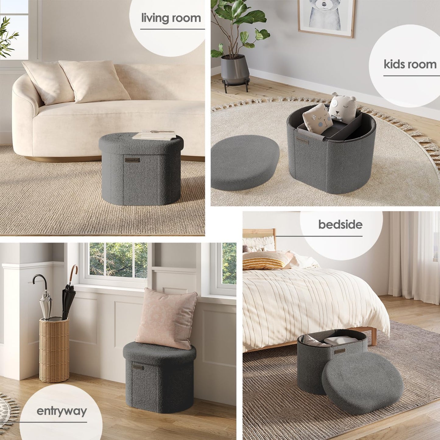 STORAGEBUD Round Ottoman with Storage for Living Room, 18 Inch Storage Ottoman, Small Ottomans Foot Rest, Boucle Foot Stool Ottomans Max 330lbs, Grey