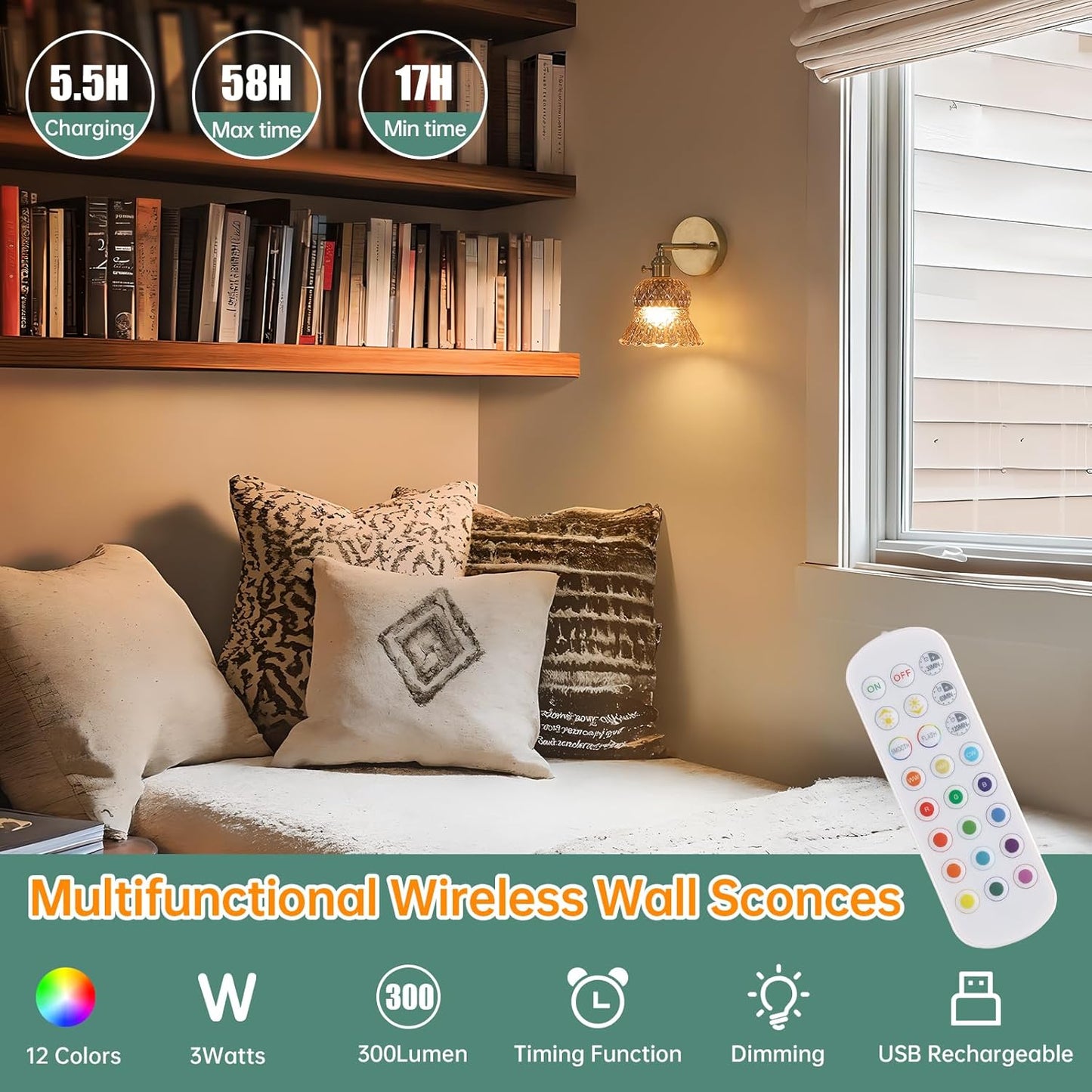 Vintage Battery Operated Wall Sconces Set of Two, Rechargeable Battery Powered Wall Sconce with Remote Control, Wireless Dimmable LED Light for Bedside Indoor Living Room (Amber Pineapple)