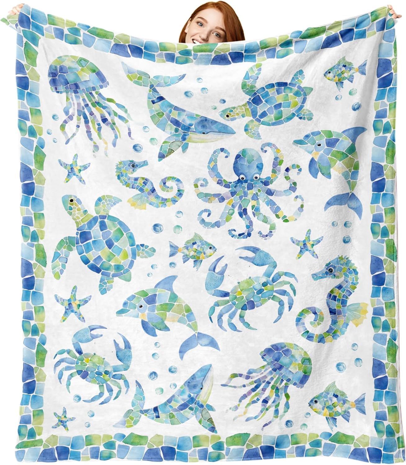 Ocean Life Mosaic Blue Flannel Throw Blanket, Coastal Whale Dolphin Octopus Sea Turtle Crab Gifts for Kids Men Women, Beach Marine Creature Soft Blanket for Bedding Sofa 50 x 60 Inches