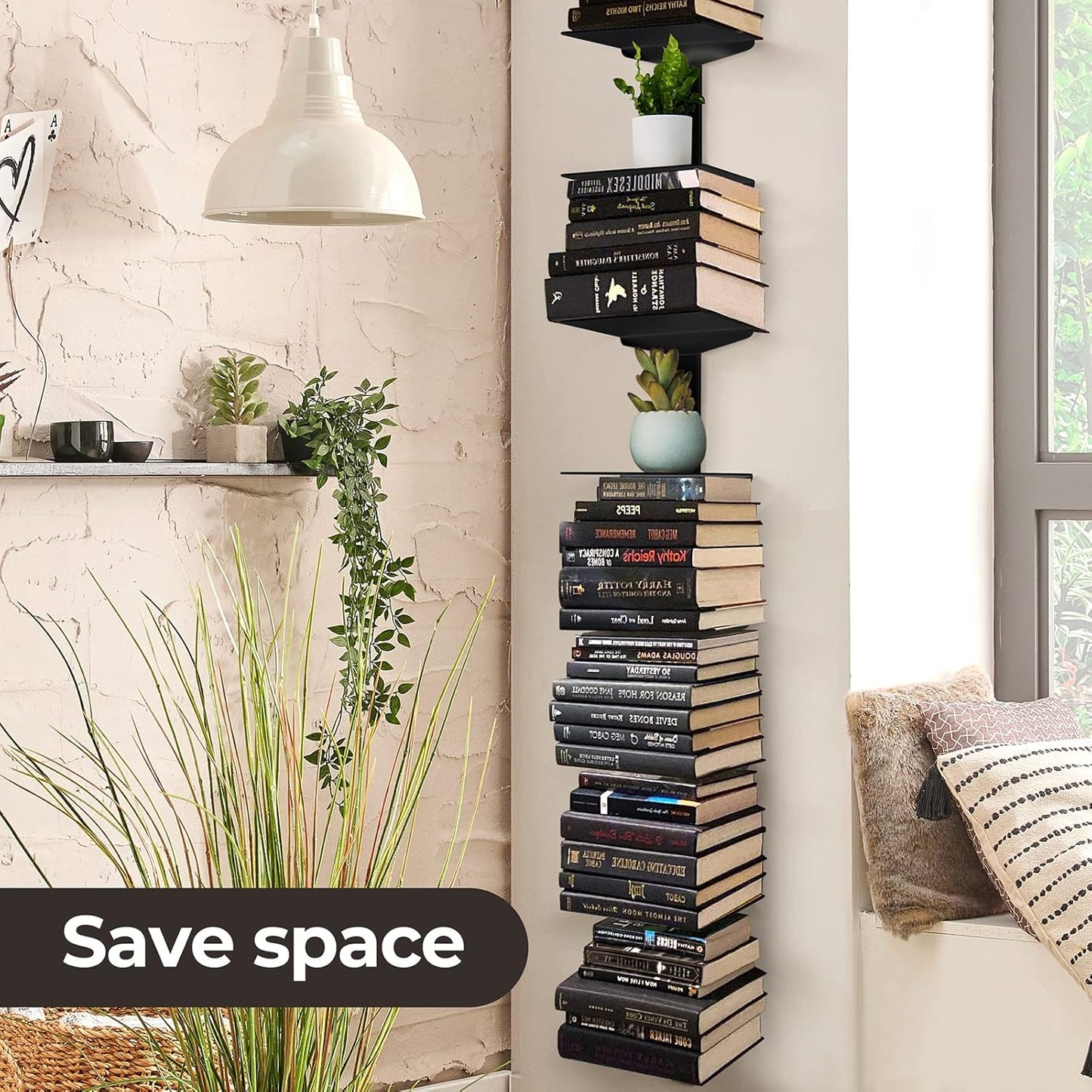 Floating Book Shelves for Wall, 8 Tier Invisible Floating Bookshelf, Vertical Spine Book Tower, Wall Mounted & Space Saving, Heavy Duty Metal Book Organizer for Home Office, 4 Pack Black