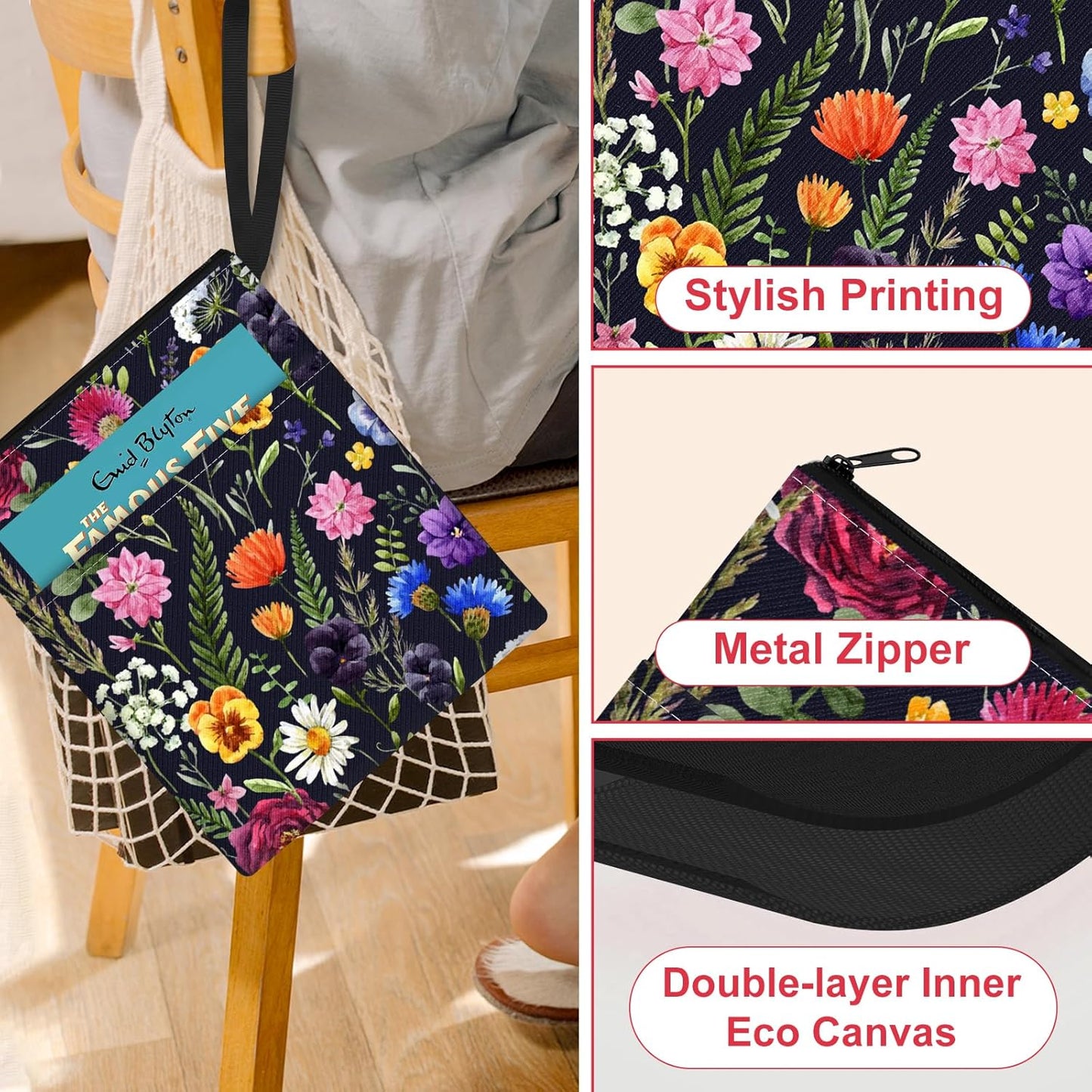 Slohif Book Sleeve Pouch Book Cover Protector with Zipper Cute Book Beau Booksleeve Small Large Botanical Pouches for Paperback HardBook Cover Reading Accessories for Students Women Readers