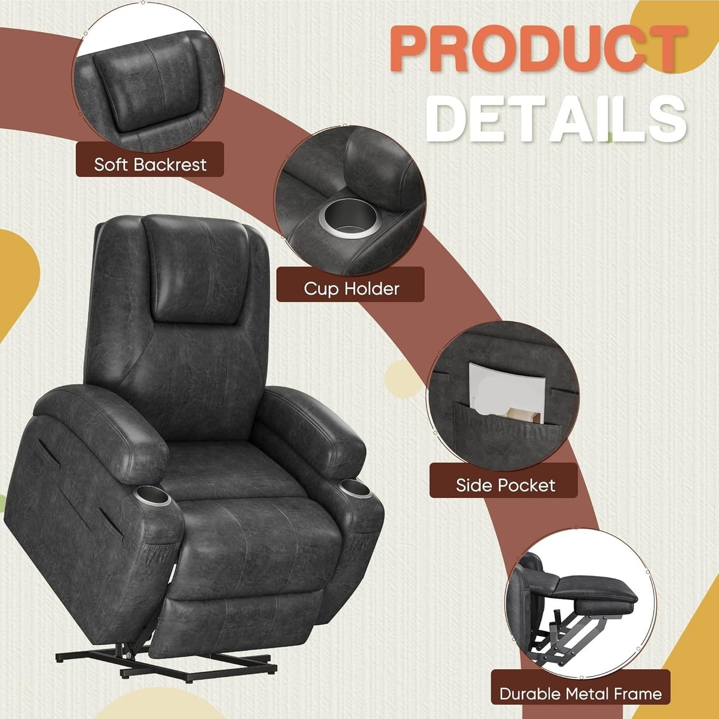 Recliner Single Sofa with Massage Cup Holders Side Pockets and Remote Control Dark Gray Electric Power Lift Recliner for Living Room Bedroom Chair