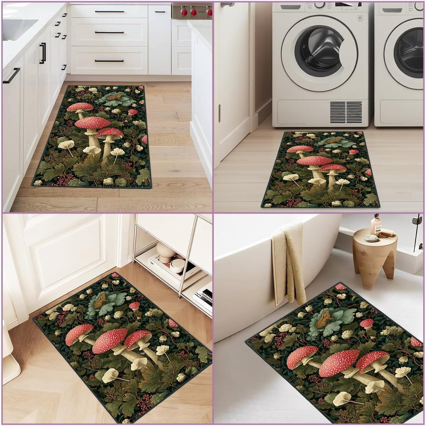 Washable 2x3 Entry Rug Vintage Botanical Mushroom Area Rug, Non Slip Low Pile Indoor Door Mat, Woodland Floral Decorative Rug for Entryway, Kitchen, Bedroom, Green Nature Design