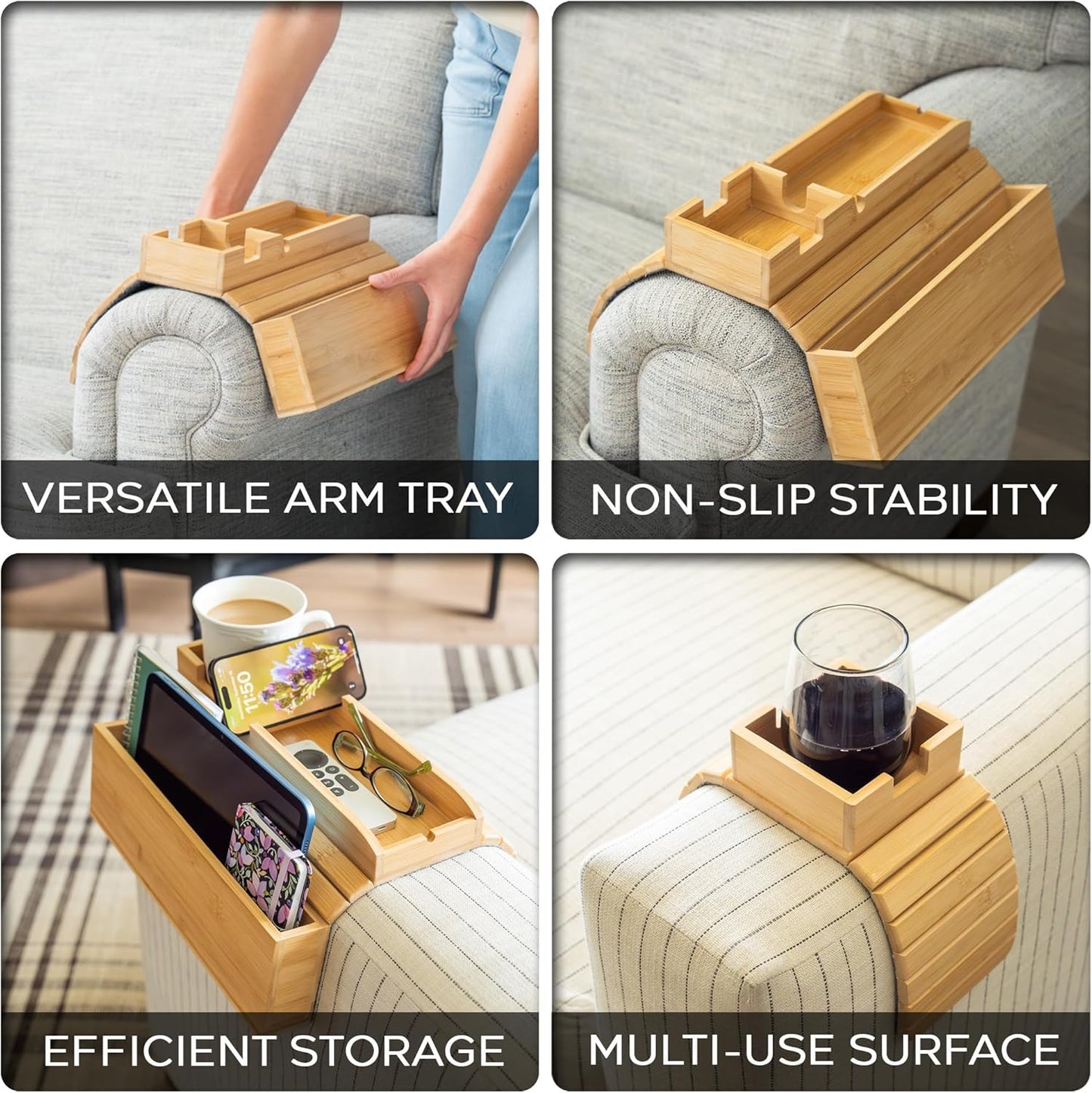 Bamboo Couch Arm Set – 1 Large with Side Pocket + 1 Small – Sofa Cup Holder for Remote & Phone – Non-Slip Fit for Armrests 4.5"–8.5" Wide