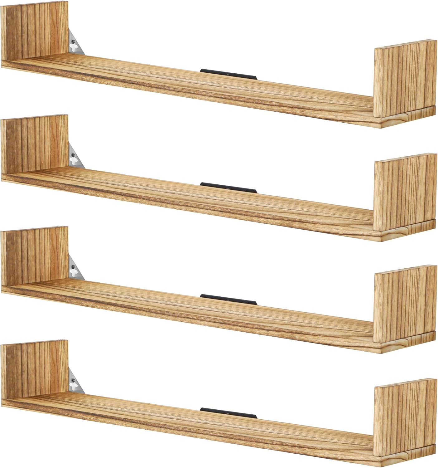 Floating Book Shelves,32 Inches Wall Bookshelf U Shaped,Long Hanging Bookshelf for Wall,Large Rustic Storage Books Shelves for Living Room Kitchen Bathroom Office,Set of 4(Carbonized Black)