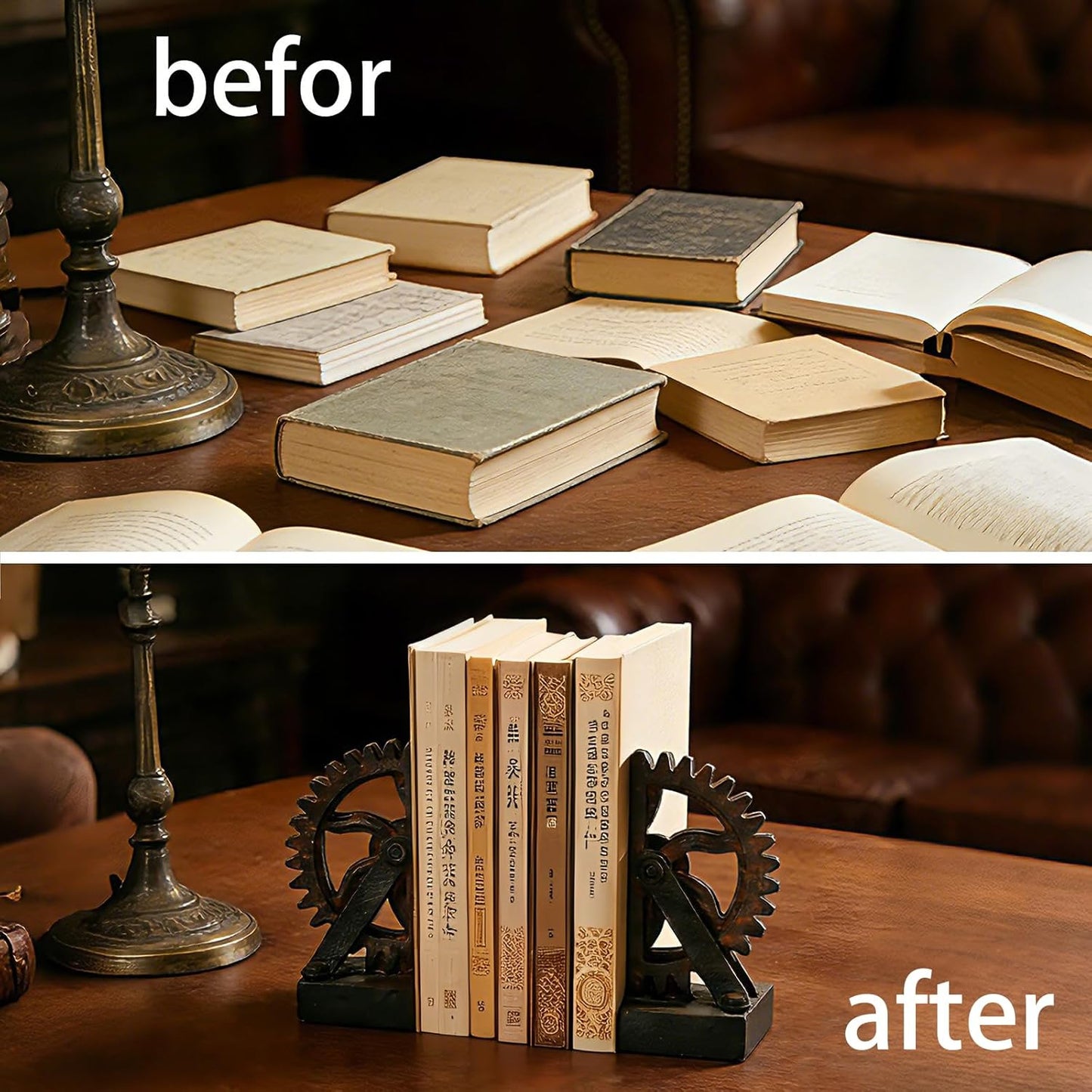 Braxio Decorative Bookends Industrial Gear - Set of 2 Steampunk Heavy Duty Non-Slip Book Supports for Shelves Desktop Book Ends for Office Library Desk Vintage Home Decor 4.7 x 3.5 x 7 Inch