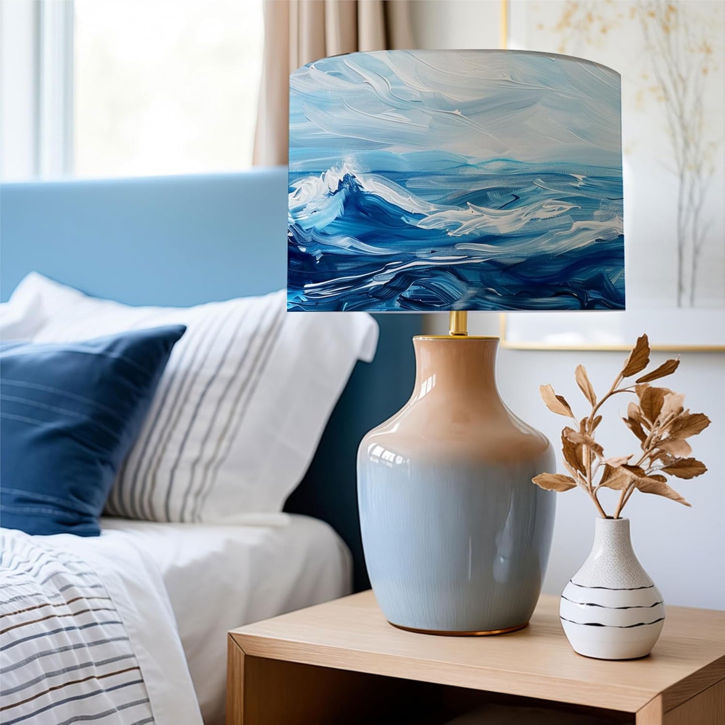 Decorative Lamp Shade Polyester Fibre Printed Drum Shade for Table Lamp & Bedside Lamp, 13 "Top x 13" Bottom x 10 "Height,Includes 2pcs (Sea Waves)