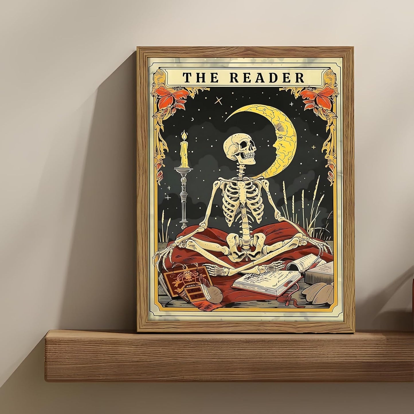 Framed The Reader Tarot Canvas Wall Art, Skeleton Reader Tarot Card Pictures Wall Decor, Bookish Witchy Library Poster Print Artwork for Witchy Reading Nook Book Lover Gift 12x16 inch