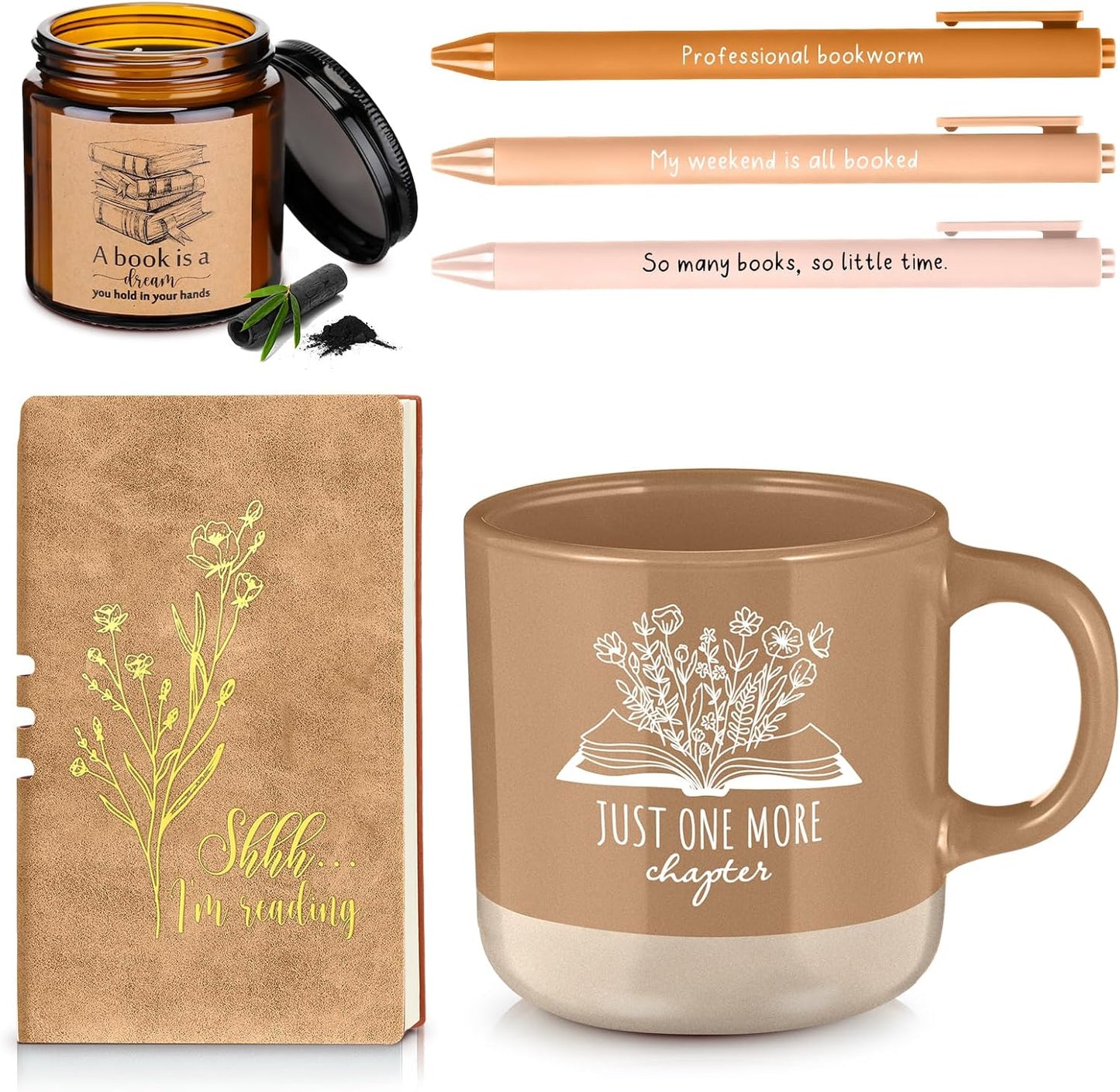 Baderke Book Lover Gifts for Women Men 6 Pcs Bookish Reading Accessories A6 Notebook Ballpoint Pen Ceramic Cup Candle Book Club Gift for Bookworm Reader Librarian Teacher(Brown)