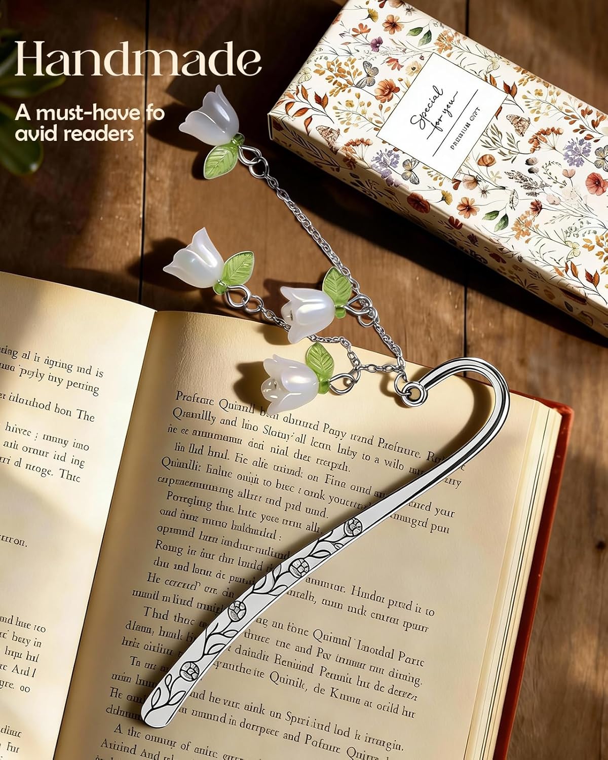 Buleens Bookmarks for Women Reading - Book Marks for Readers Book Lovers, Cute Sliver Lily Floral Personalized Metal Bookmark with Pendants, Pretty and Aesthetic Book Accessories Reading Gifts