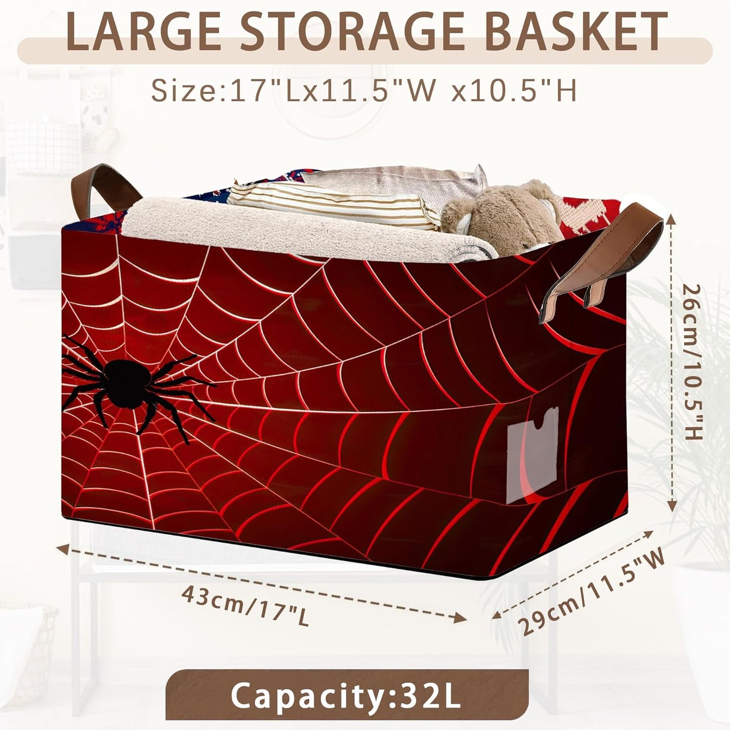 Red Spider Web Pattern Collapsible Box - 17x11.5x10.5 Inch Foldable Organizer for Seasonal Decor, Closet, Under Bed,Halloween Decor, Gothic Storage - Space-Saving Single Pack